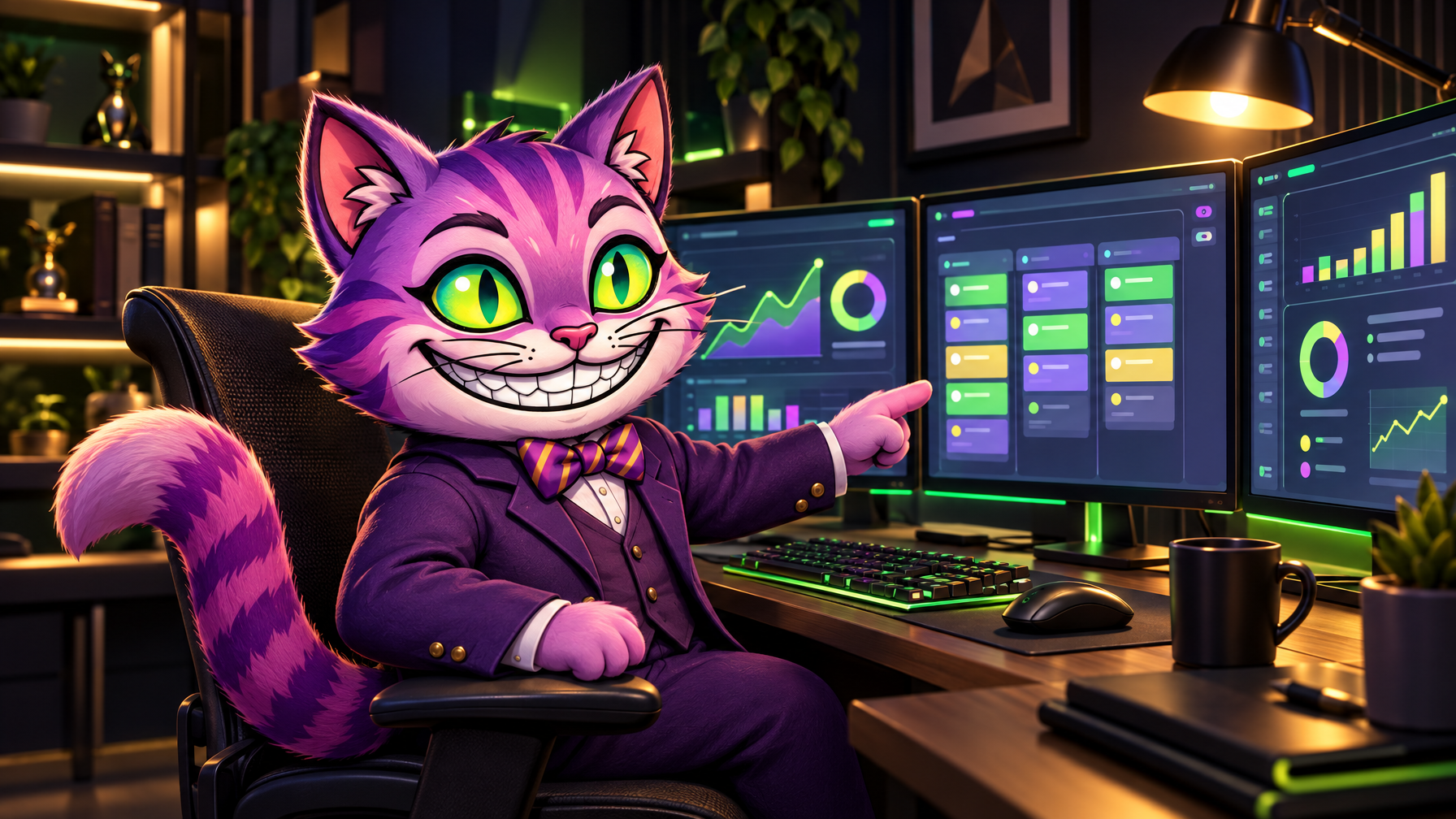 Keep the purple cartoon cat character from the reference exactly. He sits at a desk with three monitors in a dark graphite office, the monitors show abstract charts and a kanban board without readable text, he points at one screen and looks at the viewer, green accent light, warm lamp, premium 3D animation film still, no text. No text, no logos, no watermark.