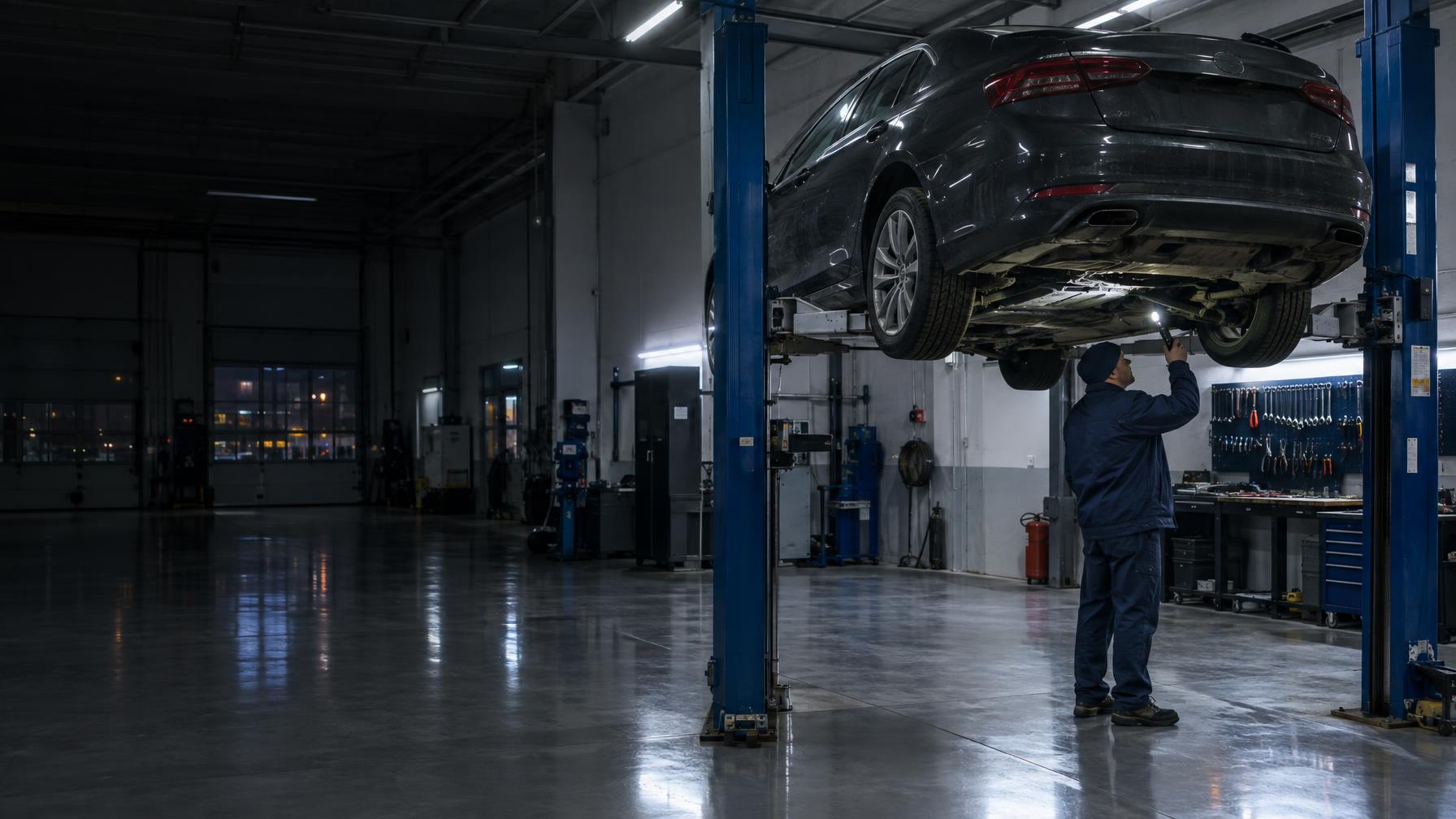 Cinematic but realistic photograph of a clean modern car service workshop at night: a dark graphite sedan raised on a two-post lift under cool white LED light, the same service master in a navy-blue work jacket inspecting the underbody with a flashlight, polished grey epoxy floor with reflections, tools neatly on the wall. The car and master on the right half; darker empty workshop space on the left for a headline. Documentary photograph, real location in Russia, natural imperfect details, true-to-life colours, soft film grain, no text, no logos, no watermark, no CGI look, no glossy plastic skin, no lens flare, no neon, no holograms.