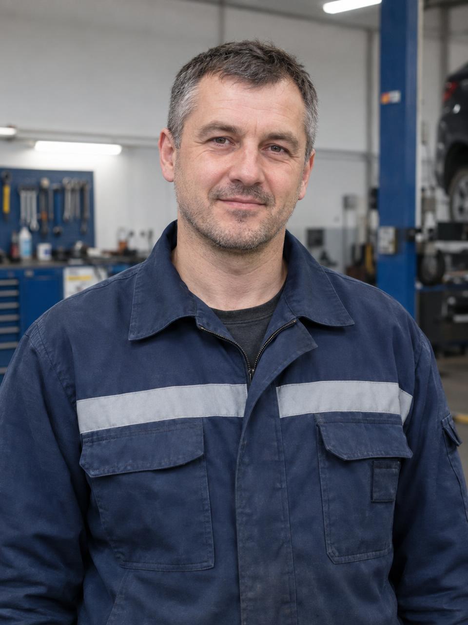 Natural portrait photograph of a Russian car service master about 40 years old, short dark hair with grey at the temples, light stubble, navy-blue work jacket with reflective stripe, standing in a clean modern workshop, arms relaxed, calm confident half-smile looking at the camera, soft top light, real skin texture. Plain upper body framing, neutral background. Documentary photograph, real location in Russia, natural imperfect details, true-to-life colours, soft film grain, no text, no logos, no watermark, no CGI look, no glossy plastic skin, no lens flare, no neon, no holograms.