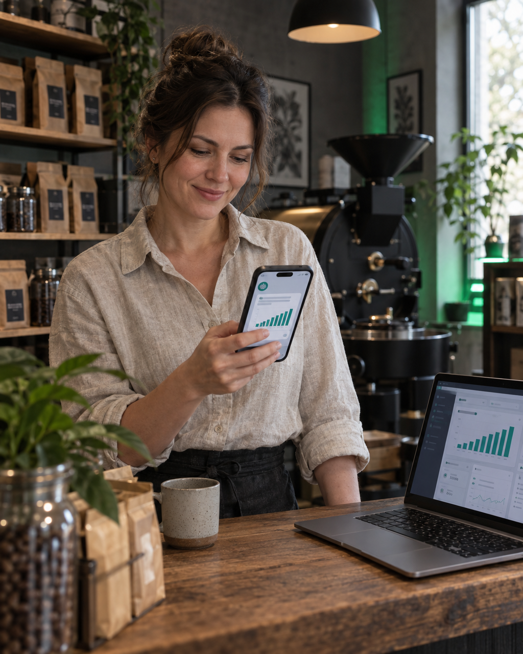 Documentary photo, vertical 4:5. A Russian small business owner, woman about 35 in a casual linen shirt, stands behind the wooden counter of her small modern coffee roastery in soft natural window light. She holds a smartphone and smiles slightly, looking at a messenger chat with an assistant that shows a simple bar chart of ad results. Open laptop on the counter with an advertising dashboard. Warm linen and ink tones with a subtle green accent light, shallow depth of field, realistic, calm. No readable text, no logos, no flags.

Для кого: Владимир Дорецкий; 32 года; В кино и сериалах сейчас не хочется мрачных детективов и криминальных сюжетов; «Во все тяжкие» показался нормальным, но Владимир не досмотрел, потому что надоело.; Сериал «Уэнсдей» понравился; нравятся подростковая мистика, саркастичный юмор и истории в похожем стиле.; Сериал «1899» смотрел и он понравился; нравятся загадочные мистические истории с необычной атмосферой.