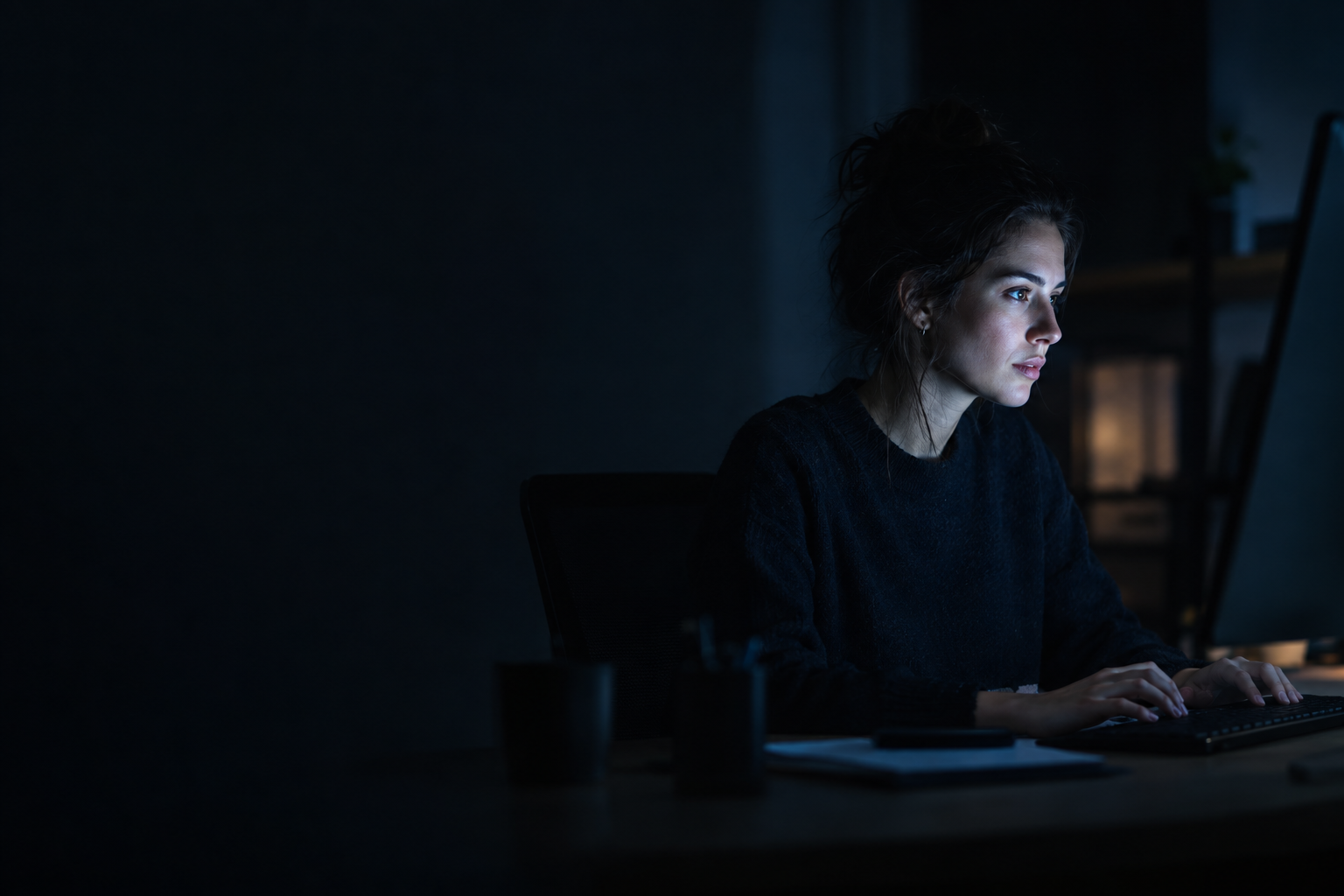 Cinematic photograph of a marketer sitting alone in a dark room, face lit by the cold glow of a monitor, hands still on the keyboard, dramatic side light, shallow depth of field, wide empty dark space on the left, no text, no letters, no words, no logos, no watermark

Сейчас ты работаешь для: Я. Отвечай именно для этого человека. Про других членов семьи упоминай, только если задача прямо их касается.