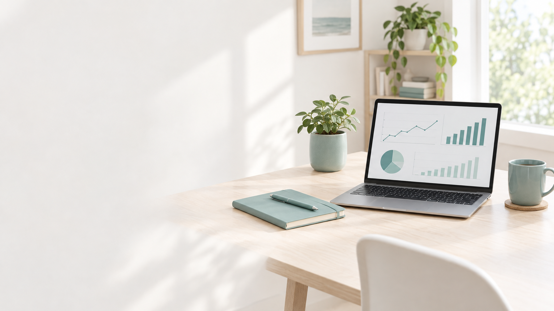 Bright minimalist workspace of a small business owner: a clean light desk with an open laptop showing neat simple line and bar charts, soft teal accents on a notebook, a mug and a small plant, white and warm beige tones, soft natural daylight, generous empty space on the left side of the frame, photorealistic. No people, no hands, no text, no letters, no numbers, no logos anywhere in the image.