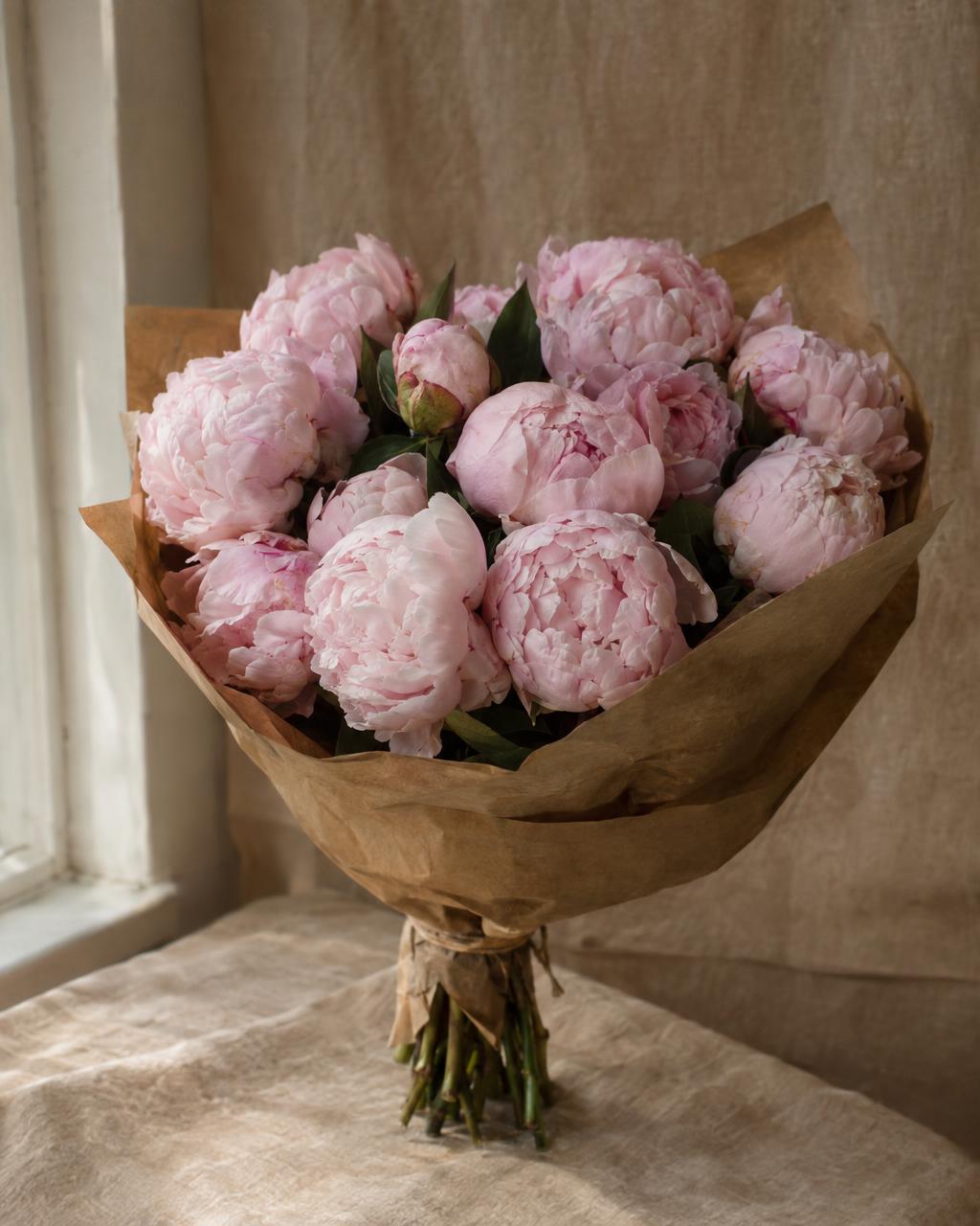 Product photograph of a lush bouquet of pale pink peonies in kraft paper standing on a warm beige linen backdrop, soft window light from the left, subtle shadow, real petals with small imperfections. Documentary photograph, real location in Russia, natural imperfect details, true-to-life colours, soft film grain, no text, no logos, no watermark, no CGI look, no glossy plastic skin, no lens flare, no neon, no holograms.