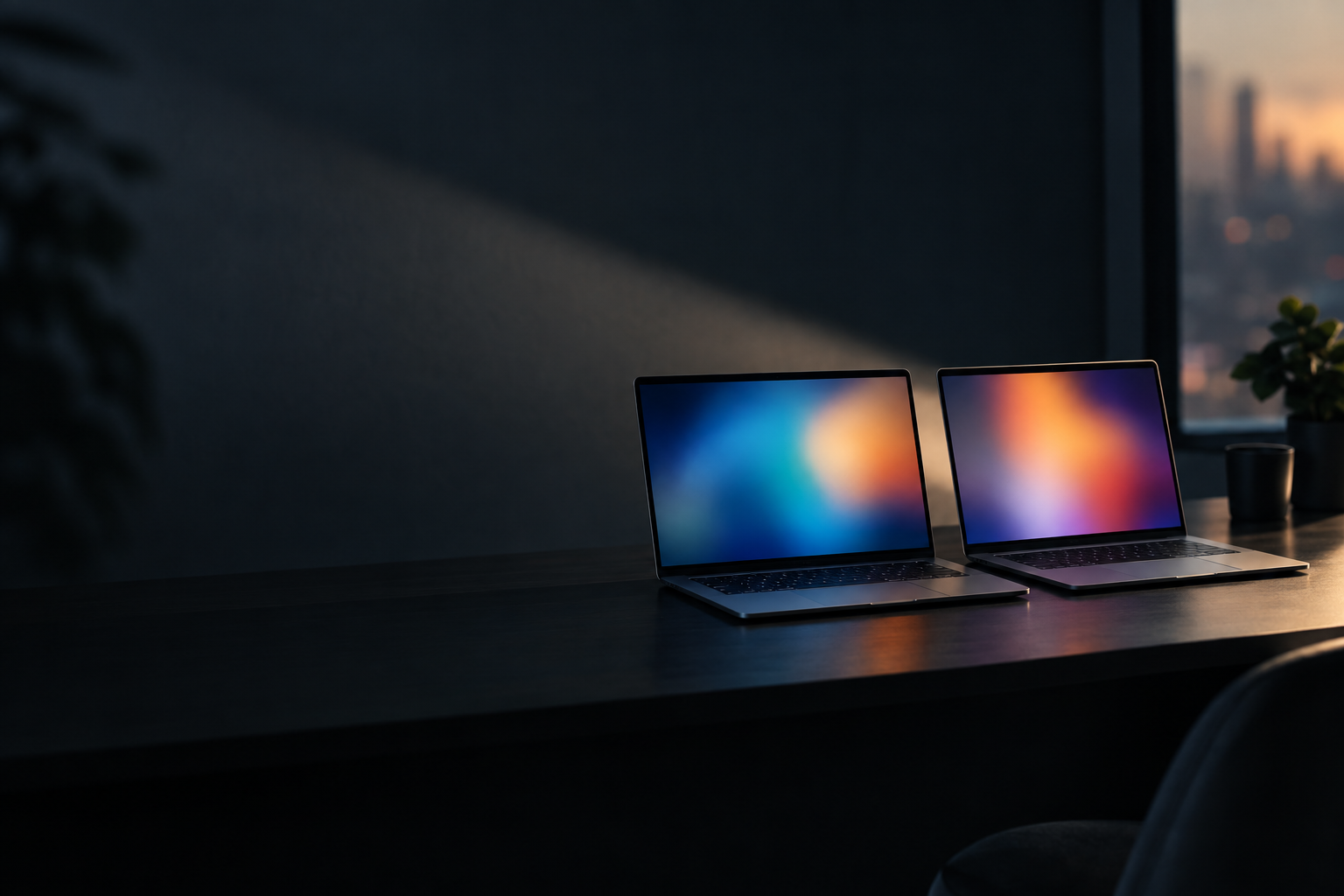 Cinematic photograph of two identical laptops side by side on a dark desk, screens glowing softly with abstract blurred color blocks, dramatic side light, shallow depth of field, wide empty space on the left, no text, no letters, no words, no logos, no watermark

Сейчас ты работаешь для: Я. Отвечай именно для этого человека. Про других членов семьи упоминай, только если задача прямо их касается.