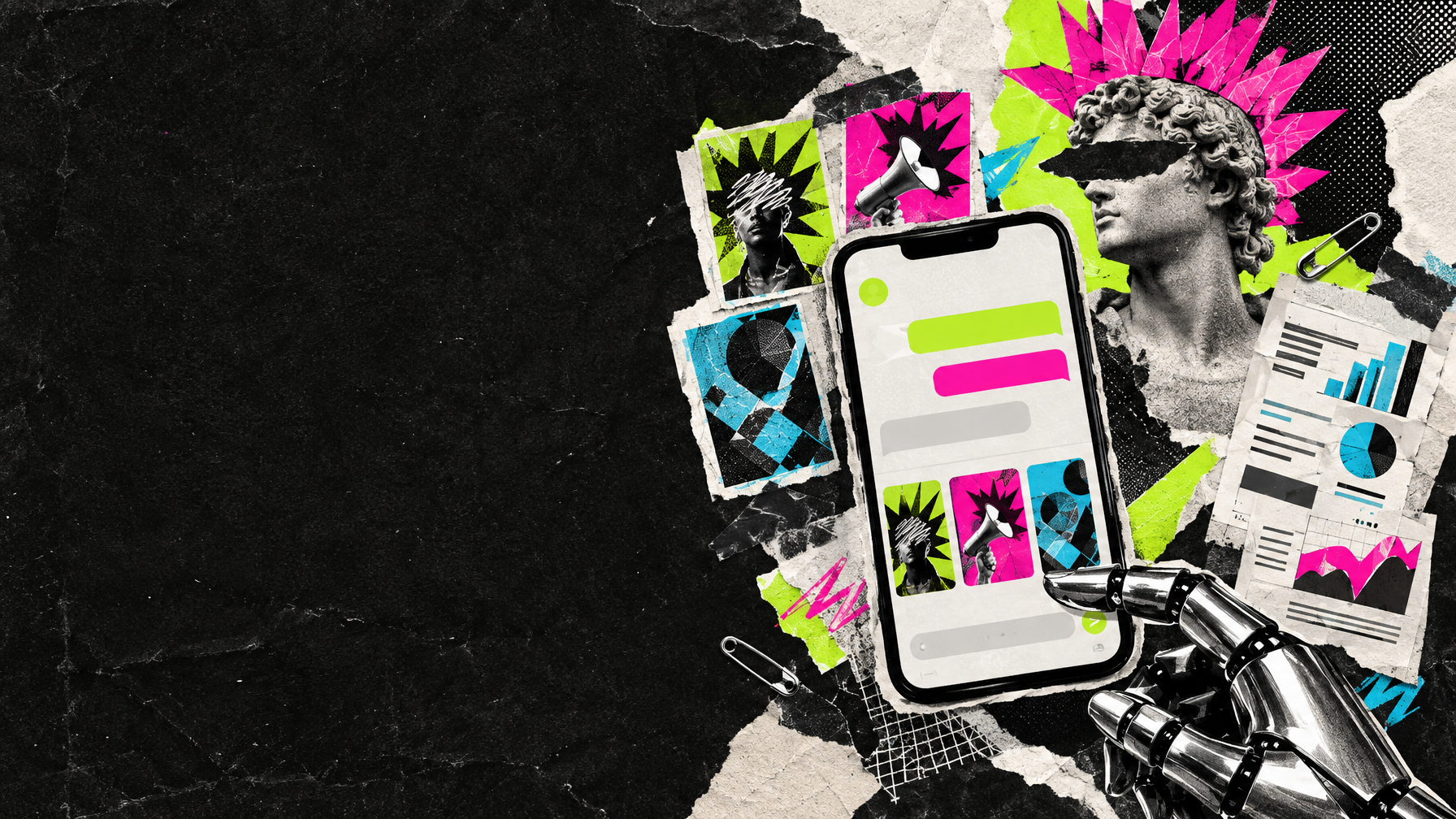 Premium editorial punk-zine hero artwork for a Russian business AI assistant called Vibe Probny: smartphone chat assistant, advertising creative cards, abstract report panels. Wide 16:9 hero background. Black ink, torn off-white paper, xerox halftone, raw collage, neon lime and hot magenta accents, small cyan details, torn stickers, tape, safety pin graphics. The visual story is AI helping with ad creative and reports, not guaranteed outcomes. Main phone and collage details concentrated in the RIGHT half, slightly below center, so headline remains readable on the LEFT. Left 45 percent is mostly dark charcoal torn paper with restrained texture, no large bright objects; lively strong artistic composition on right. Generic faceless chrome robot hand, stylized classical bust with pink paper mohawk, cutout phone, abstract ad mockups and document sheets. No recognizable logos, no readable text at all, no numbers, no percentages, no prices, no profit promises, no results or claims, no watermark. Phone screen contains geometric chat bubbles and three simple abstract creative thumbnails only. Refined photoreal mixed media and analog grunge, sharp original art, no generic corporate stock photography.