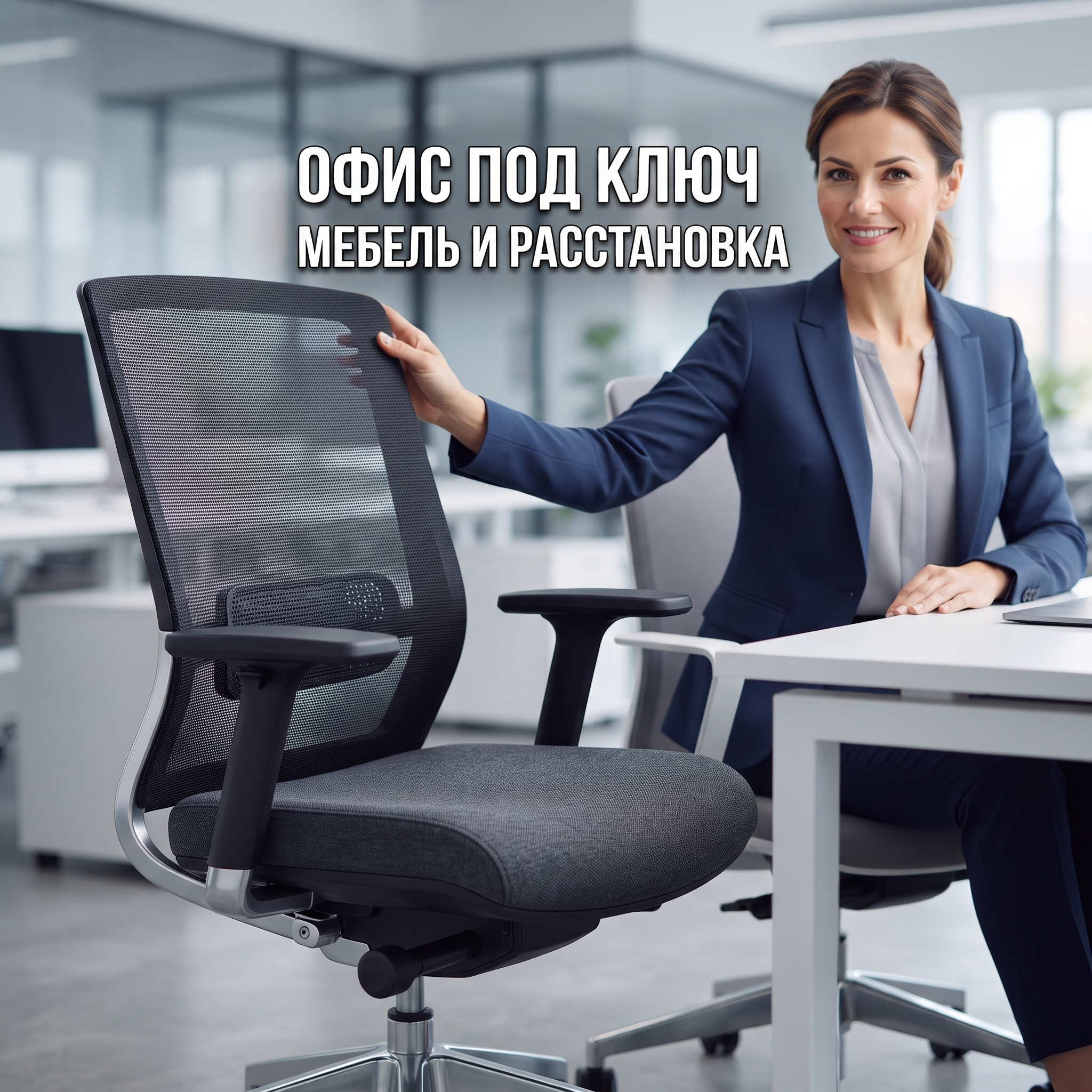 Advertising image for Yandex Direct RSY carousel. CRITICAL: Reproduce the EXACT product shown in the FIRST reference image — same shape, color, design, brand elements, proportions. Do NOT change, modify or reimagine the product — only change the background and context. Product close-up detail: the EXACT product from the reference photo, extreme close-up showing texture and quality, macro photography style, studio lighting highlights. A professional-looking person (model) is naturally interacting with or presenting the product, making it feel relatable and aspirational. The model should look confident and appealing. Business context: Бесплатный подбор мебели по фотографии или дизайн-проекту, разработка технического проекта расстановки мебели, бесплатная сборка при заказе от 350 000 рублей, доставка по Екатеринбургу или самовывоз, ассортимент от недорогой до элитной офисной мебели. Brand website: https://ekaterinburg.office-trend.ru. ТЕКСТ НА ИЗОБРАЖЕНИИ (СТРОГО НА РУССКОМ): "Офис под ключ мебель и расстановка". CRITICAL: ALL text MUST be in RUSSIAN only. NEVER English! Text MUST be CENTERED, large, readable, max 35% of image area. Modern bold font, high contrast background under text. Square 1:1 format, 4K resolution, professional advertising photography quality, scroll-stopping for Yandex RSY.

Сейчас ты работаешь для: Я. Отвечай именно для этого человека. Про других членов семьи упоминай, только если задача прямо их касается.