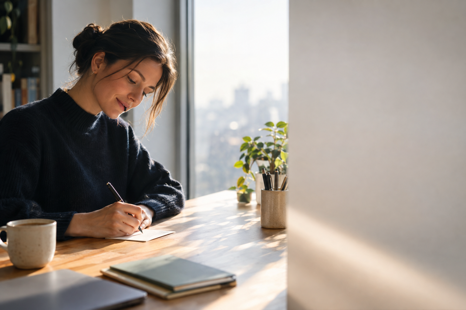 Cinematic photograph of a marketer writing short notes on a card at a bright window desk, morning side light, soft shadows, shallow depth of field, large empty area on the right, no text, no letters, no words, no logos, no watermark

Сейчас ты работаешь для: Я. Отвечай именно для этого человека. Про других членов семьи упоминай, только если задача прямо их касается.