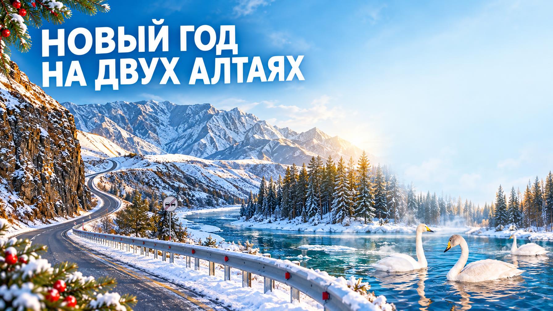 Создай горизонтальный рекламный баннер 16:9 для новогоднего тура «Новосибирск — Два Алтая». Используй три переданных изображения как визуальные образцы зимнего Алтая и курортных впечатлений: сохрани реалистичную атмосферу фотографий и естественные цвета, без выдуманных логотипов. Простая, чистая, легко читаемая композиция: слева и по центру — привлекательная зимняя панорама Алтая с дорогой/путешествием и праздничным настроением, справа оставь заметную свободную область с чистым светлым или спокойным небесным фоном для размещения текста объявления позже. В верхней левой части крупный разборчивый заголовок на русском точно: «НОВЫЙ ГОД НА ДВУХ АЛТАЯХ». Внизу слева оставь аккуратное пустое место под логотип. Не добавляй мелкий текст, даты, цены, кнопки, телефоны или другие надписи. Профессиональный туристический рекламный баннер, контрастный, яркий, праздничный, но без визуальной перегруженности.
