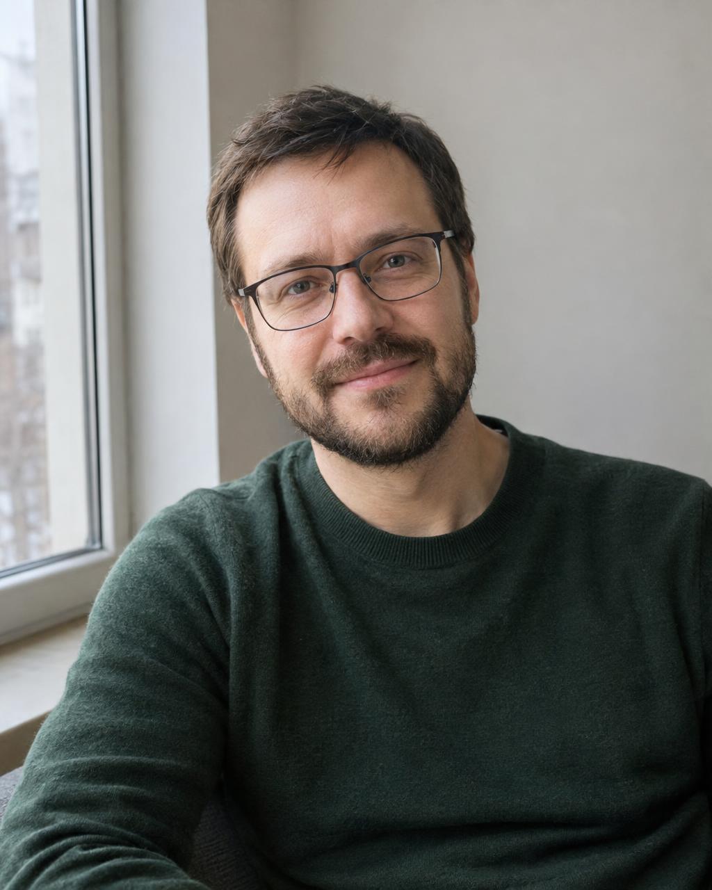 Natural portrait photograph of a Russian man psychologist about 36 years old, short beard, glasses, plain dark-green sweater, sitting by a window with soft daylight, calm friendly expression, real skin texture, plain background. Documentary photograph, real location in Russia, natural imperfect details, true-to-life colours, soft film grain, no text, no logos, no watermark, no CGI look, no glossy plastic skin, no lens flare, no neon, no holograms.