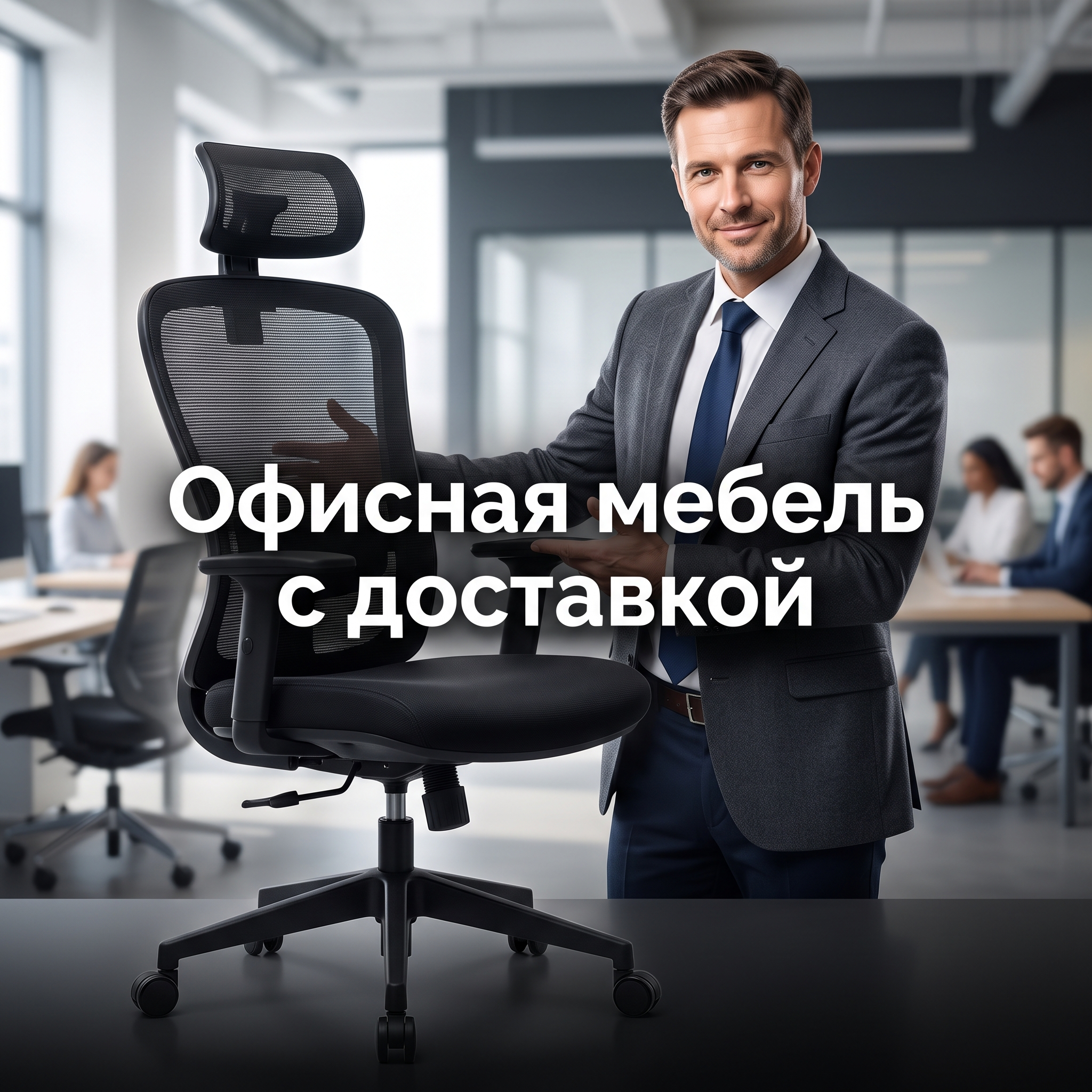 Advertising image for Yandex Direct RSY carousel. CRITICAL: Reproduce the EXACT product shown in the FIRST reference image — same shape, color, design, brand elements, proportions. Do NOT change, modify or reimagine the product — only change the background and context. Product dramatic angle: the EXACT product from the reference photo at a dynamic 45-degree angle, dramatic lighting with rim light, premium advertising feel. A professional-looking person (model) is naturally interacting with or presenting the product, making it feel relatable and aspirational. The model should look confident and appealing. Business context: Бесплатный подбор мебели по фотографии или дизайн-проекту, разработка технического проекта расстановки мебели, бесплатная сборка при заказе от 350 000 рублей, доставка по Екатеринбургу или самовывоз, ассортимент от недорогой до элитной офисной мебели. Brand website: https://ekaterinburg.office-trend.ru. ТЕКСТ НА ИЗОБРАЖЕНИИ (СТРОГО НА РУССКОМ): "Офисная мебель с доставкой". CRITICAL: ALL text MUST be in RUSSIAN only. NEVER English! Text MUST be CENTERED, large, readable, max 35% of image area. Modern bold font, high contrast background under text. Square 1:1 format, 4K resolution, professional advertising photography quality, scroll-stopping for Yandex RSY.

Сейчас ты работаешь для: Я. Отвечай именно для этого человека. Про других членов семьи упоминай, только если задача прямо их касается.
