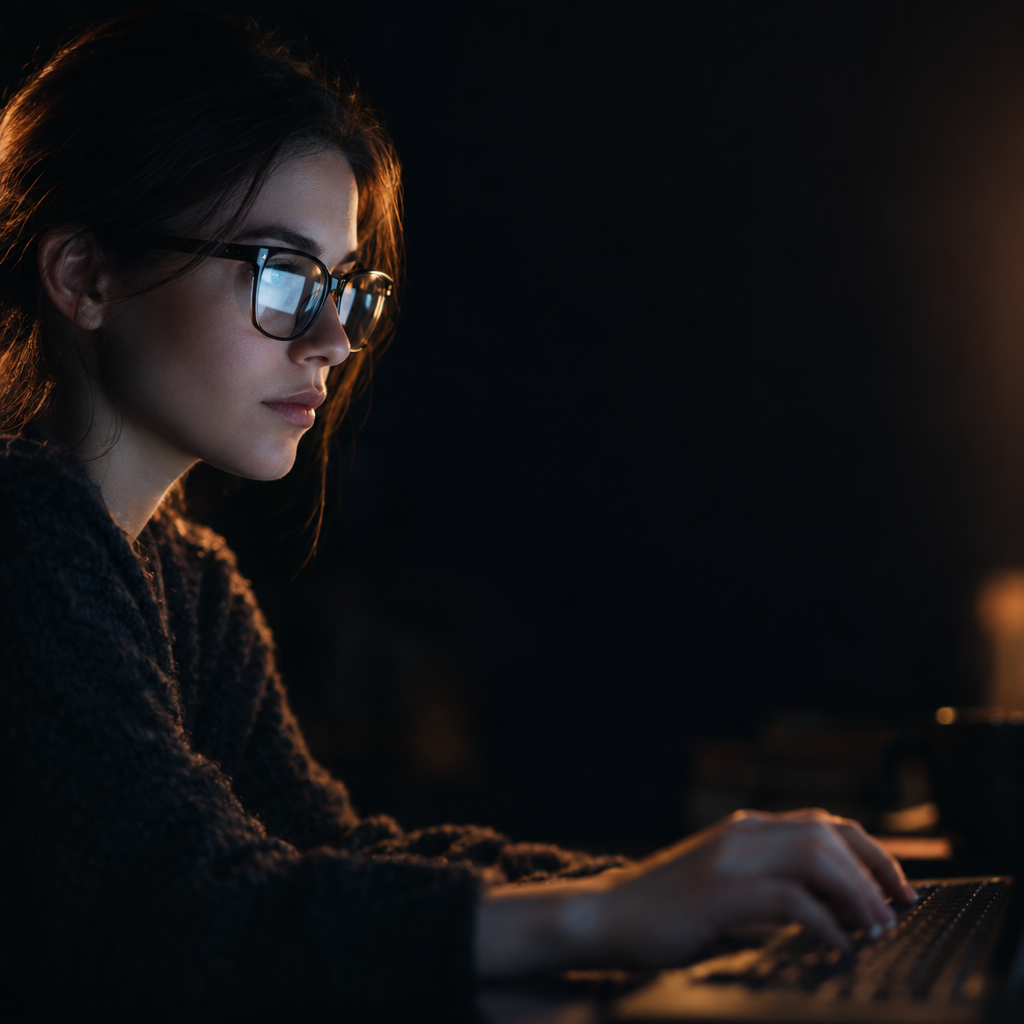Cinematic photograph of hands typing on a keyboard while a bright screen reflects in glasses, dark room, warm rim light, shallow depth of field, generous empty space on the right, no text, no letters, no words, no logos, no watermark

Сейчас ты работаешь для: Я. Отвечай именно для этого человека. Про других членов семьи упоминай, только если задача прямо их касается.