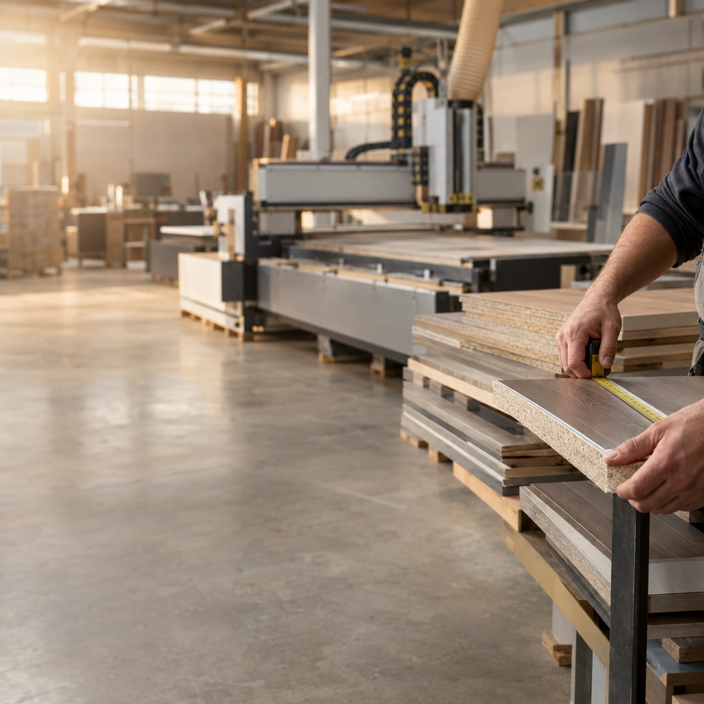 Realistic editorial photograph of a furniture production workshop with CNC machine and stacked laminate panels, craftsman hands measuring a panel edge, warm industrial light, large empty area on the left, shallow depth of field, no text, no letters, no words, no logos, no watermark

Сейчас ты работаешь для: Я. Отвечай именно для этого человека. Про других членов семьи упоминай, только если задача прямо их касается.