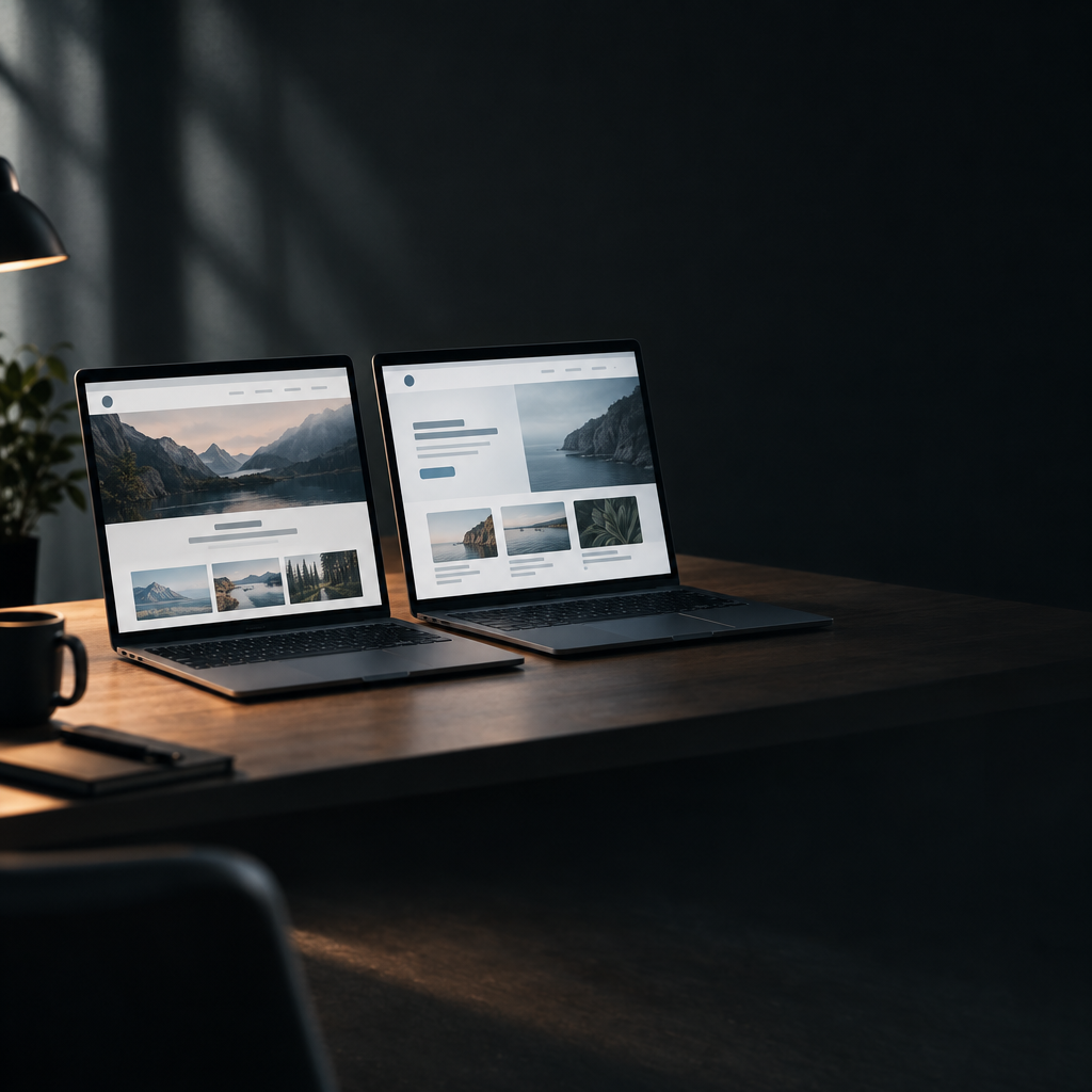 Cinematic photograph of a dim studio desk with two identical laptops side by side showing two slightly different web page mockups, dramatic side light, shallow depth of field, large empty space on the right, no text, no letters, no words, no logos, no watermark

Сейчас ты работаешь для: Я. Отвечай именно для этого человека. Про других членов семьи упоминай, только если задача прямо их касается.