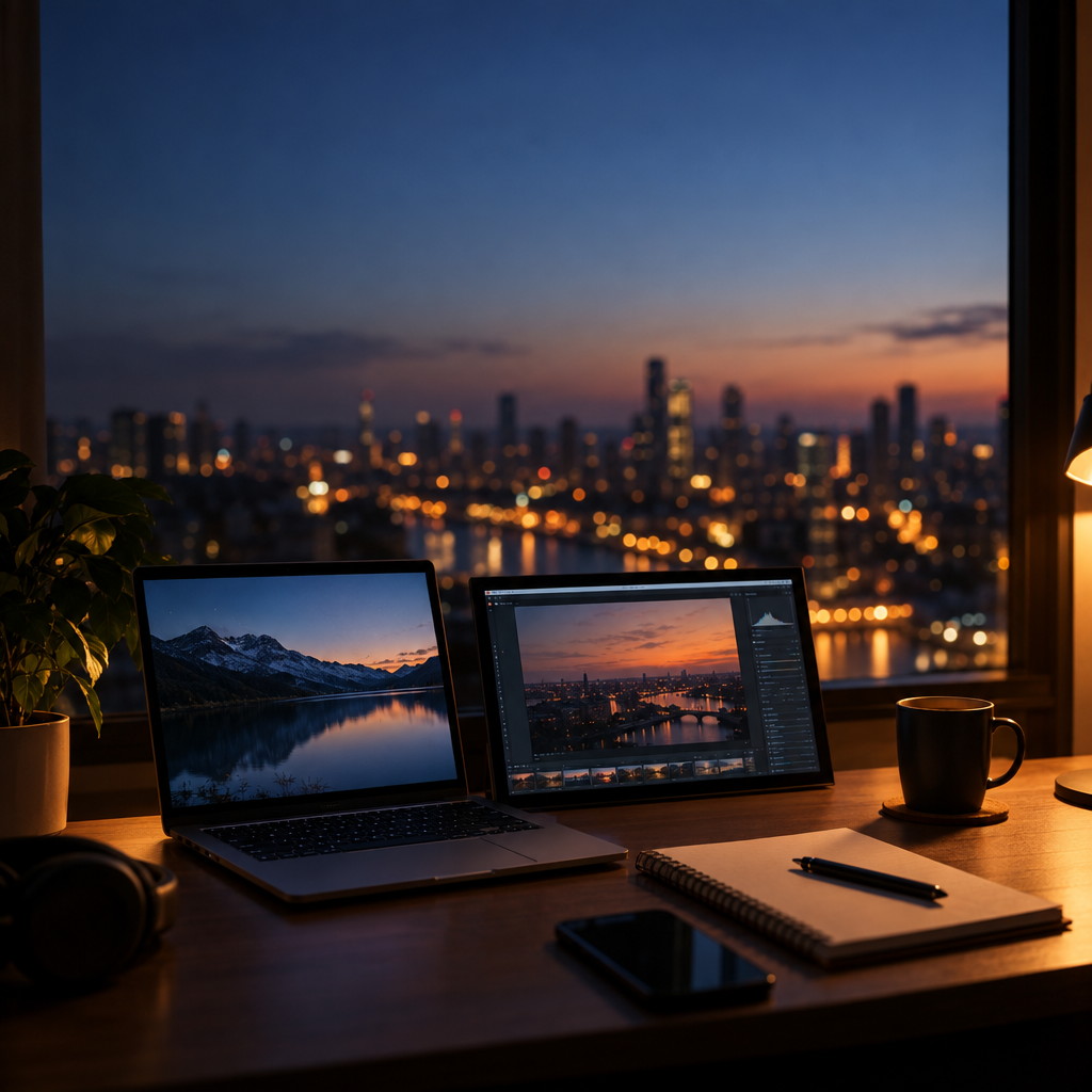 Cinematic photograph of an evening workspace at a window, two glowing screens side by side, coffee cup and notebook, warm city lights blurred outside, dramatic side light, shallow depth of field, large empty area at the top, no text, no letters, no words, no logos, no watermark

Сейчас ты работаешь для: Я. Отвечай именно для этого человека. Про других членов семьи упоминай, только если задача прямо их касается.