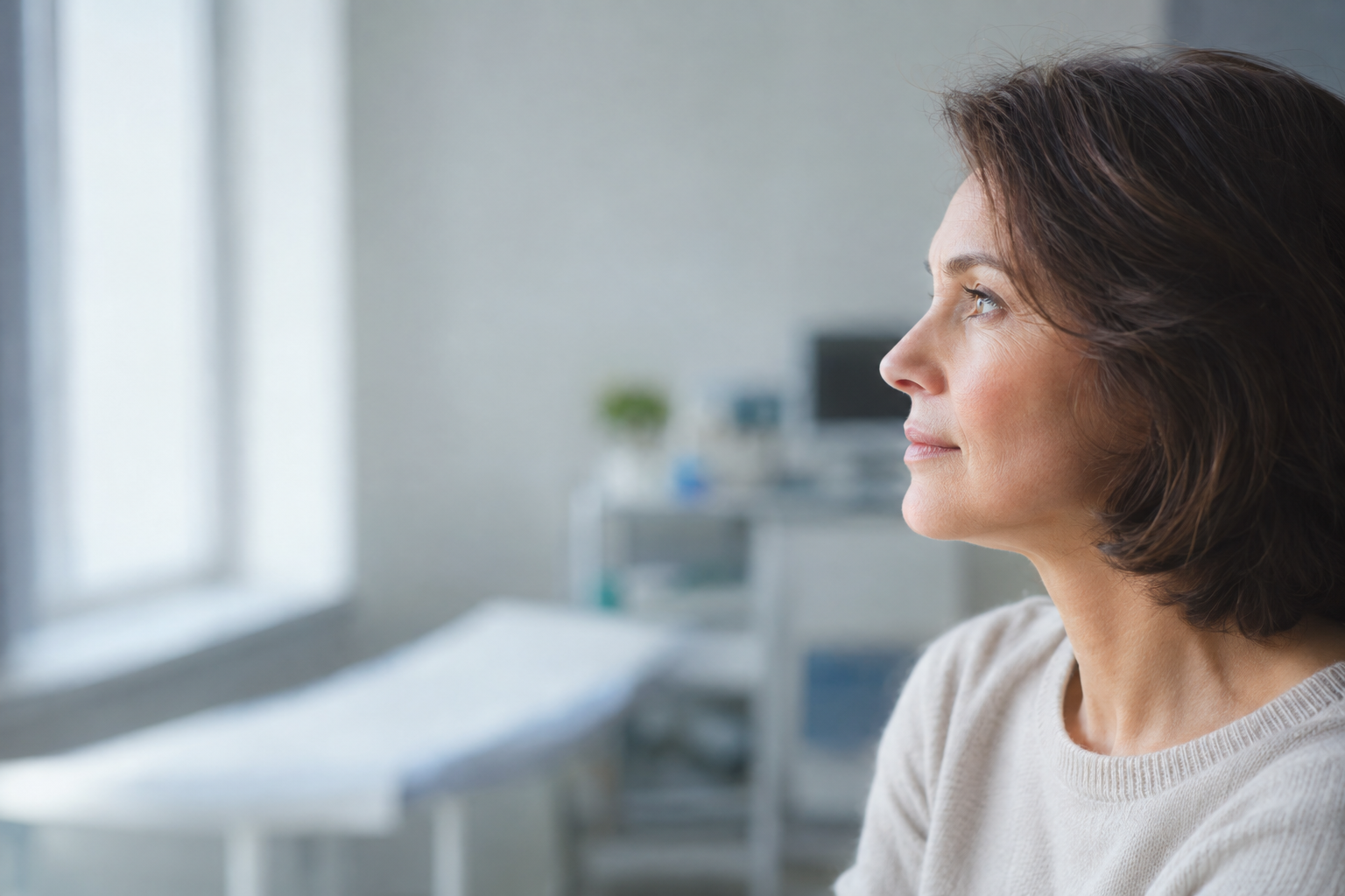Realistic editorial photograph of a calm middle-aged woman's profile in soft window light, clinic setting blurred behind, shallow depth of field, large empty space on the left, no text, no letters, no words, no logos, no watermark

Сейчас ты работаешь для: Я. Отвечай именно для этого человека. Про других членов семьи упоминай, только если задача прямо их касается.