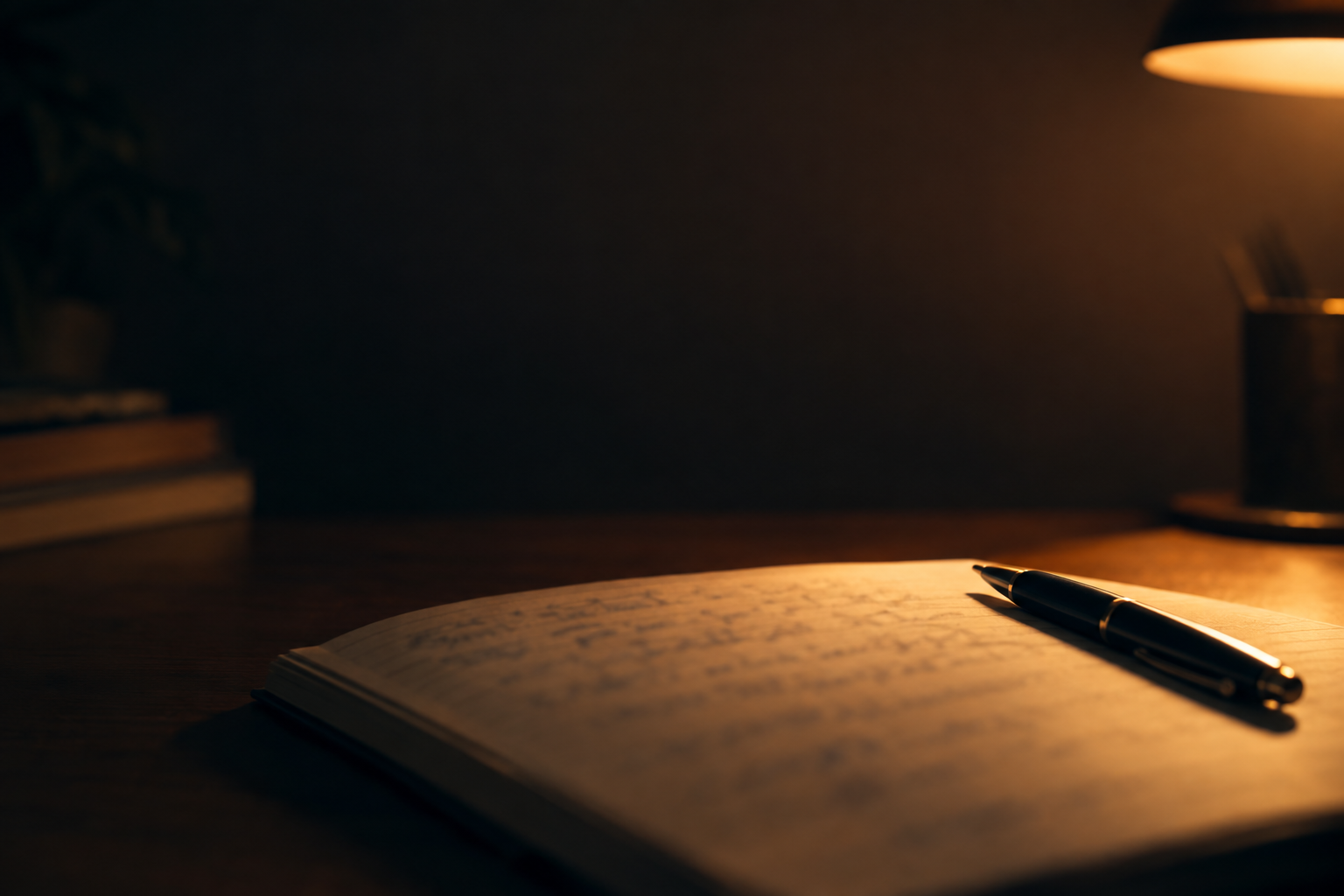 Cinematic photograph of a notebook page with handwriting blurred out of focus, pen resting on paper, warm desk lamp light from the side, deep shadows, shallow depth of field, empty space above, no text, no letters, no words, no logos, no watermark

Сейчас ты работаешь для: Я. Отвечай именно для этого человека. Про других членов семьи упоминай, только если задача прямо их касается.