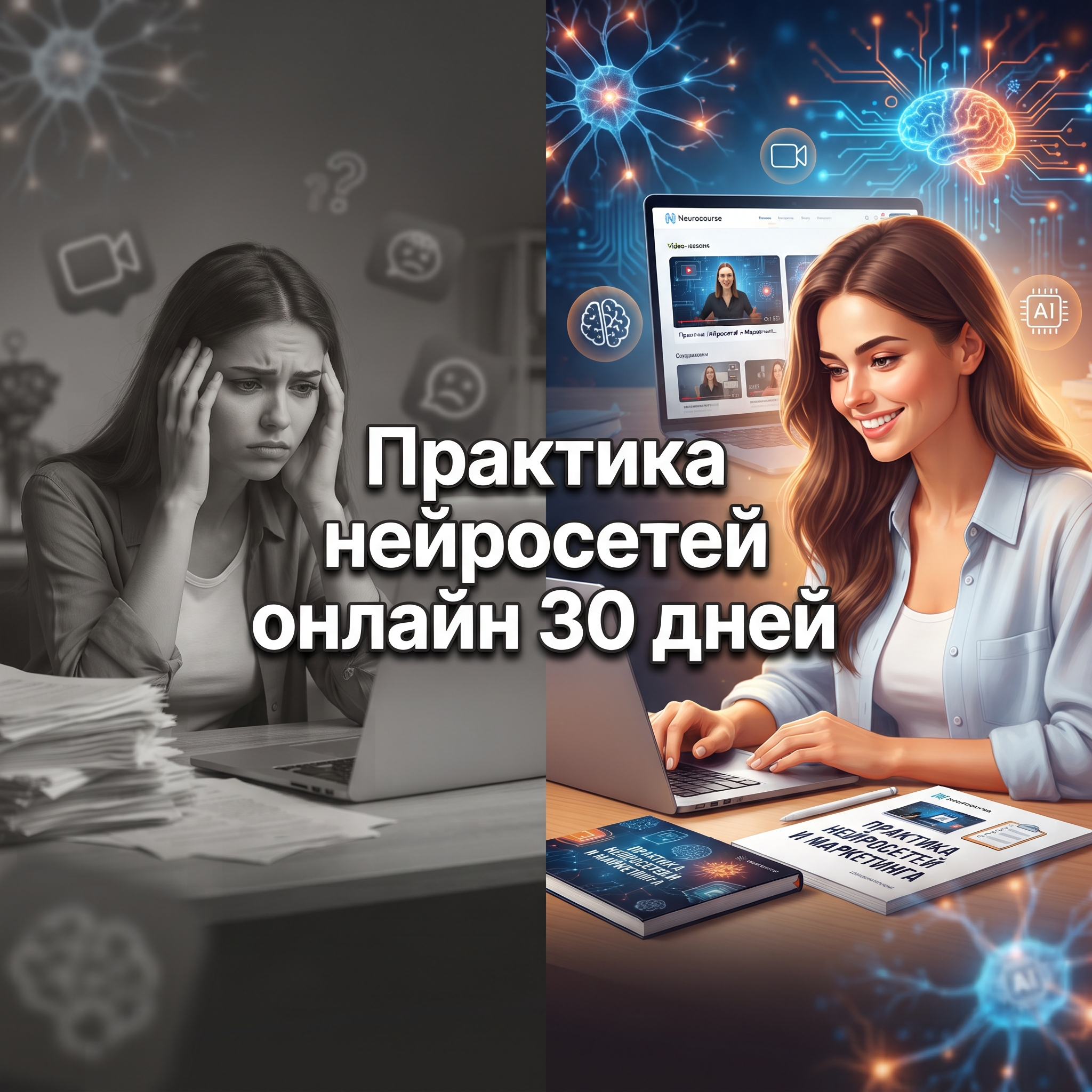 High-conversion Yandex Direct RSY advertising banner. Business: https://neurocourse-yahel3ye.manus.space/. Theme: 30 дней практики с нейросетями, онлайн-формат, видеоуроки, готовый воркбук, сочетание нейросетей и маркетинга. Problem-solution split composition: left side shows pain point in muted desaturated colors, right side shows vibrant solution with the product, clear contrast storytelling. ТЕКСТ НА БАННЕРЕ (СТРОГО НА РУССКОМ): "Практика нейросетей онлайн 30 дней". CRITICAL / КРИТИЧНО: 1) ALL text MUST be in RUSSIAN only. NEVER English! Весь текст ТОЛЬКО по-русски! 2) Text MUST be CENTERED, large, easily readable, NO MORE than 35% of image. 3) High contrast background. Modern bold font, perfect Russian spelling. CTR-optimized, 1:1 square, professional advertising quality. Style: clean, bold, premium, Yandex-Ads-ready.

Сейчас ты работаешь для: Я. Отвечай именно для этого человека. Про других членов семьи упоминай, только если задача прямо их касается.