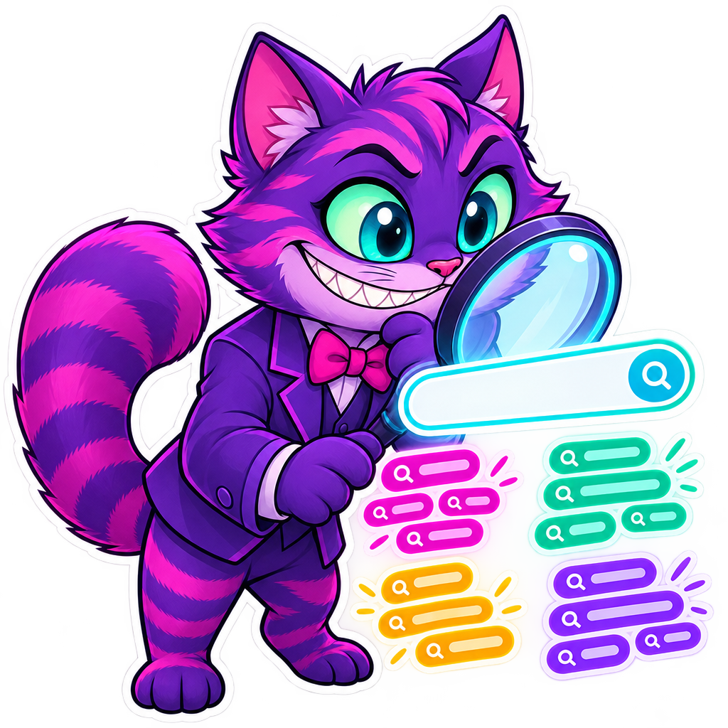 Die-cut sticker illustration of an original cartoon cat mascot: purple and magenta striped fur, big glowing green-turquoise eyes, wide friendly toothy grin, wearing a purple suit with a pink bow tie. Thick clean outline with a white die-cut border, soft cel shading, vibrant neon purple, pink and turquoise palette. Single isolated character on a fully transparent background, no scenery, no ground shadow, no text, no letters, no numbers, no logos. The cat looks through a big magnifying glass at a floating search bar and a cluster of glowing keyword chips sorted into colorful groups, clever expression.
