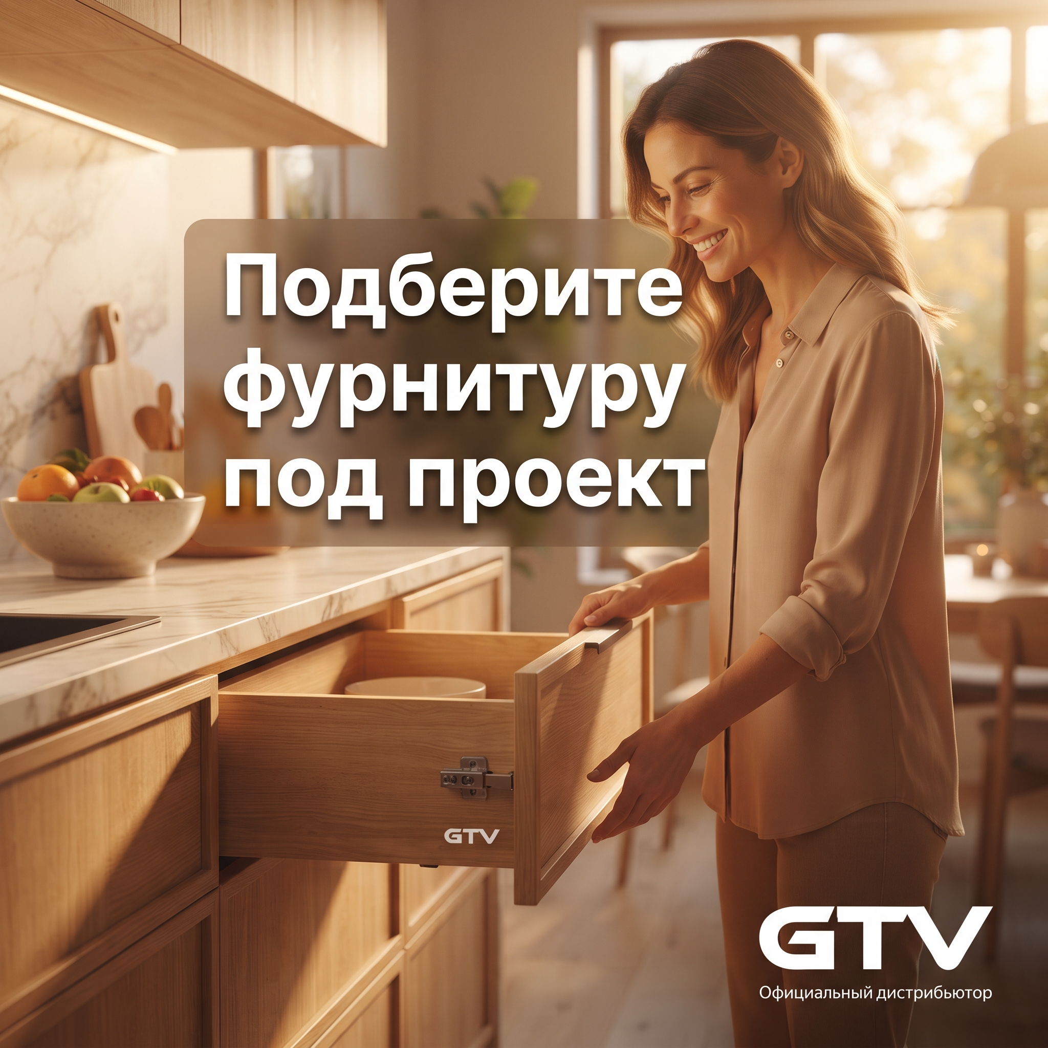 High-conversion Yandex Direct RSY advertising banner. Business: https://gtv-meridian.ru/. Theme: Официальный дистрибьютор мебельной фурнитуры GTV в России, компания работает с 2004 года, более 5000 наименований отечественных и импортных товаров, продажа оптом и в розницу, доставка по Санкт-Петербургу и другим городам России. Lifestyle aspiration banner: product integrated into dream lifestyle setting, golden-hour warm lighting, emotional connection scene, aspirational environment. ТЕКСТ НА БАННЕРЕ (СТРОГО НА РУССКОМ): "Подберите фурнитуру под проект". CRITICAL / КРИТИЧНО: 1) ALL text MUST be in RUSSIAN only. NEVER English! Весь текст ТОЛЬКО по-русски! 2) Text MUST be CENTERED, large, easily readable, NO MORE than 35% of image. 3) High contrast background. Modern bold font, perfect Russian spelling. CTR-optimized, 1:1 square, professional advertising quality. Style: clean, bold, premium, Yandex-Ads-ready.

Сейчас ты работаешь для: Я. Отвечай именно для этого человека. Про других членов семьи упоминай, только если задача прямо их касается.