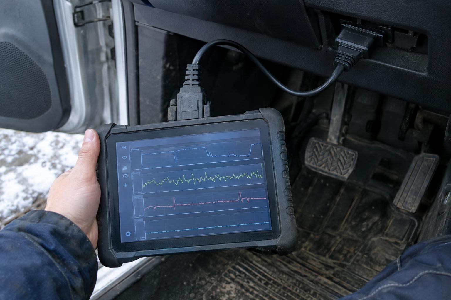 Close-up documentary photograph of a hand holding a rugged diagnostic tablet connected by cable to a car OBD port under the dashboard, the screen shows generic graphs without readable text, cool workshop light. Documentary photograph, real location in Russia, natural imperfect details, true-to-life colours, soft film grain, no text, no logos, no watermark, no CGI look, no glossy plastic skin, no lens flare, no neon, no holograms.