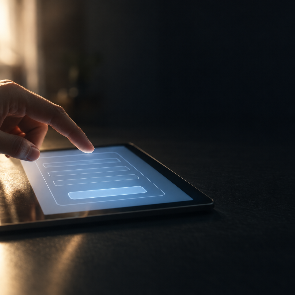Cinematic photograph of a tablet on a dark table showing a soft glowing blank form outline, finger hovering above the screen, dramatic side light, shallow depth of field, empty space on the right, no text, no letters, no words, no logos, no watermark

Сейчас ты работаешь для: Я. Отвечай именно для этого человека. Про других членов семьи упоминай, только если задача прямо их касается.