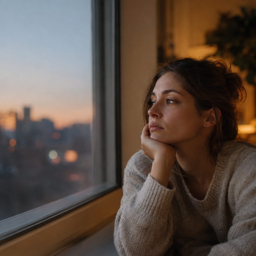 Realistic editorial photograph of a tired woman resting her chin on her hand by a window in the evening, soft warm light, shallow depth of field, generous empty space on the left, no text, no letters, no words, no logos, no watermark

Сейчас ты работаешь для: Я. Отвечай именно для этого человека. Про других членов семьи упоминай, только если задача прямо их касается.