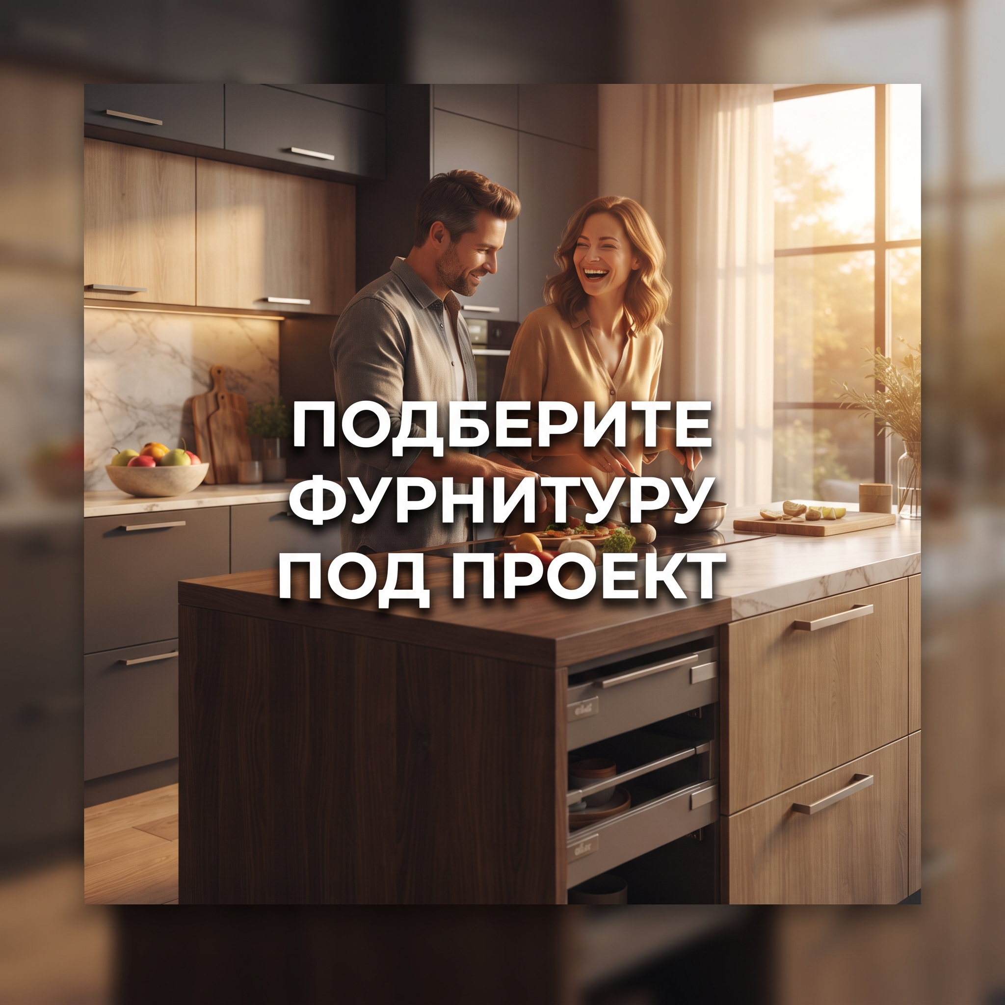 High-conversion Yandex Direct RSY advertising banner. Business: https://gtv-meridian.ru/. Theme: Официальный дистрибьютор мебельной фурнитуры GTV в России, компания работает с 2004 года, более 5000 наименований отечественных и импортных товаров, продажа оптом и в розницу, доставка по Санкт-Петербургу и другим городам России. Lifestyle aspiration banner: product integrated into dream lifestyle setting, golden-hour warm lighting, emotional connection scene, aspirational environment. ТЕКСТ НА БАННЕРЕ (СТРОГО НА РУССКОМ): "Подберите фурнитуру под проект". CRITICAL / КРИТИЧНО: 1) ALL text MUST be in RUSSIAN only. NEVER English! Весь текст ТОЛЬКО по-русски! 2) Text MUST be CENTERED, large, easily readable, NO MORE than 35% of image. 3) High contrast background. Modern bold font, perfect Russian spelling. CTR-optimized, 1:1 square, professional advertising quality. Style: clean, bold, premium, Yandex-Ads-ready.

Сейчас ты работаешь для: Я. Отвечай именно для этого человека. Про других членов семьи упоминай, только если задача прямо их касается.