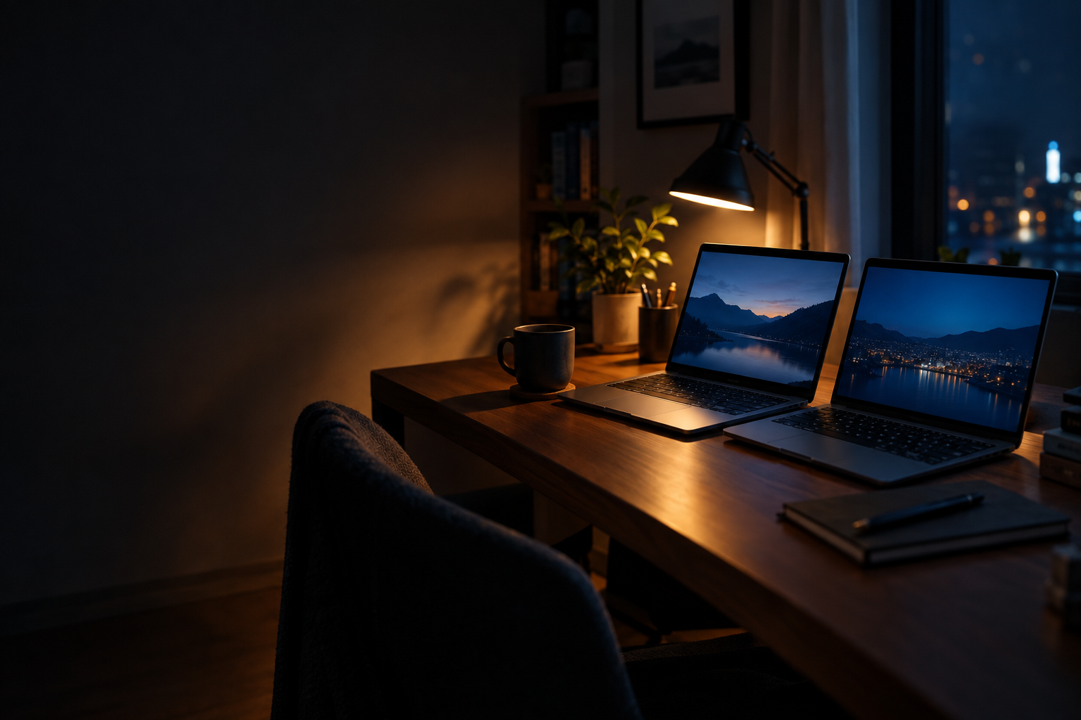 Cinematic photograph of a dim home workspace at night, two laptop screens glowing side by side on a wooden desk, coffee cup, dramatic side light, shallow depth of field, empty space on the left, no text, no letters, no words, no logos, no watermark

Сейчас ты работаешь для: Я. Отвечай именно для этого человека. Про других членов семьи упоминай, только если задача прямо их касается.