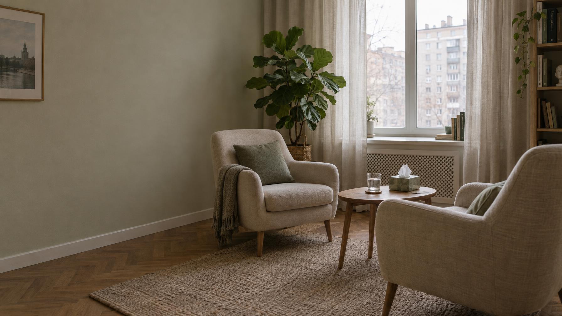 Calm interior photograph of a private psychologist's office in a Moscow apartment: two soft armchairs in oatmeal fabric facing each other at an angle, a low wooden side table with a glass of water and a box of tissues, a large fiddle-leaf plant, linen curtains, soft diffused daylight, muted sage and warm beige palette. Nobody in the frame. Armchairs on the right half, calm light wall on the left — space for a headline. 28mm, quiet and safe atmosphere. Documentary photograph, real location in Russia, natural imperfect details, true-to-life colours, soft film grain, no text, no logos, no watermark, no CGI look, no glossy plastic skin, no lens flare, no neon, no holograms.