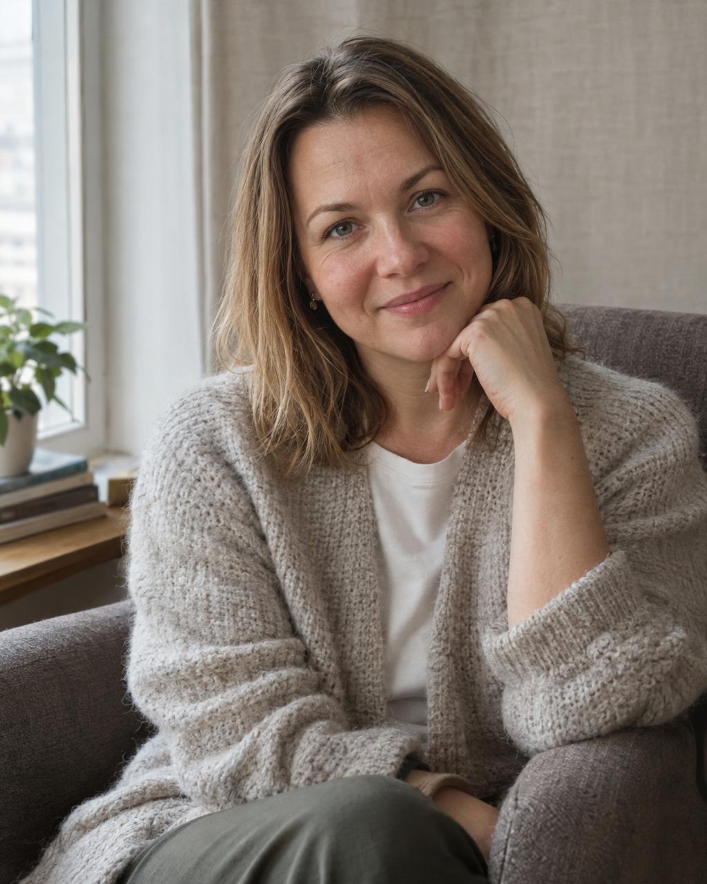 Natural portrait photograph of a Russian woman psychologist about 42 years old, shoulder-length dark-blond hair, no heavy makeup, soft knit cardigan, sitting in an armchair by a window, warm attentive expression, soft daylight, plain linen background, real skin texture. Documentary photograph, real location in Russia, natural imperfect details, true-to-life colours, soft film grain, no text, no logos, no watermark, no CGI look, no glossy plastic skin, no lens flare, no neon, no holograms.