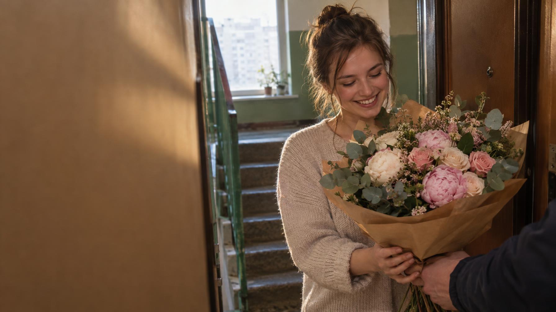 Candid documentary photograph at an apartment door in a Russian city building: a smiling young woman receives a large loose bouquet of peonies, eucalyptus and garden roses wrapped in kraft paper from a courier whose hand and sleeve are visible at the frame edge. Warm late-afternoon light from the stairwell window, genuine emotion. The bouquet and woman on the right half; left half softly out of focus warm wall — space for a headline. Documentary photograph, real location in Russia, natural imperfect details, true-to-life colours, soft film grain, no text, no logos, no watermark, no CGI look, no glossy plastic skin, no lens flare, no neon, no holograms.