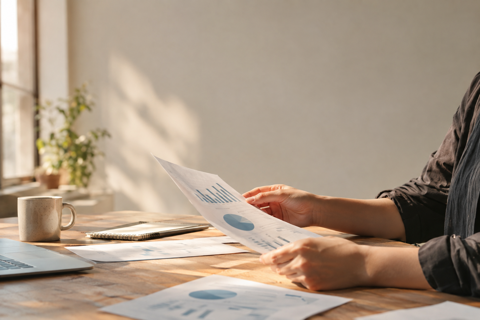 Realistic editorial photograph of a small business owner reviewing printed charts at a workshop table, warm side light from a window, hands and papers in focus, face out of frame, wide empty space above, shallow depth of field, no text, no letters, no words, no logos, no watermark

Сейчас ты работаешь для: Я. Отвечай именно для этого человека. Про других членов семьи упоминай, только если задача прямо их касается.
