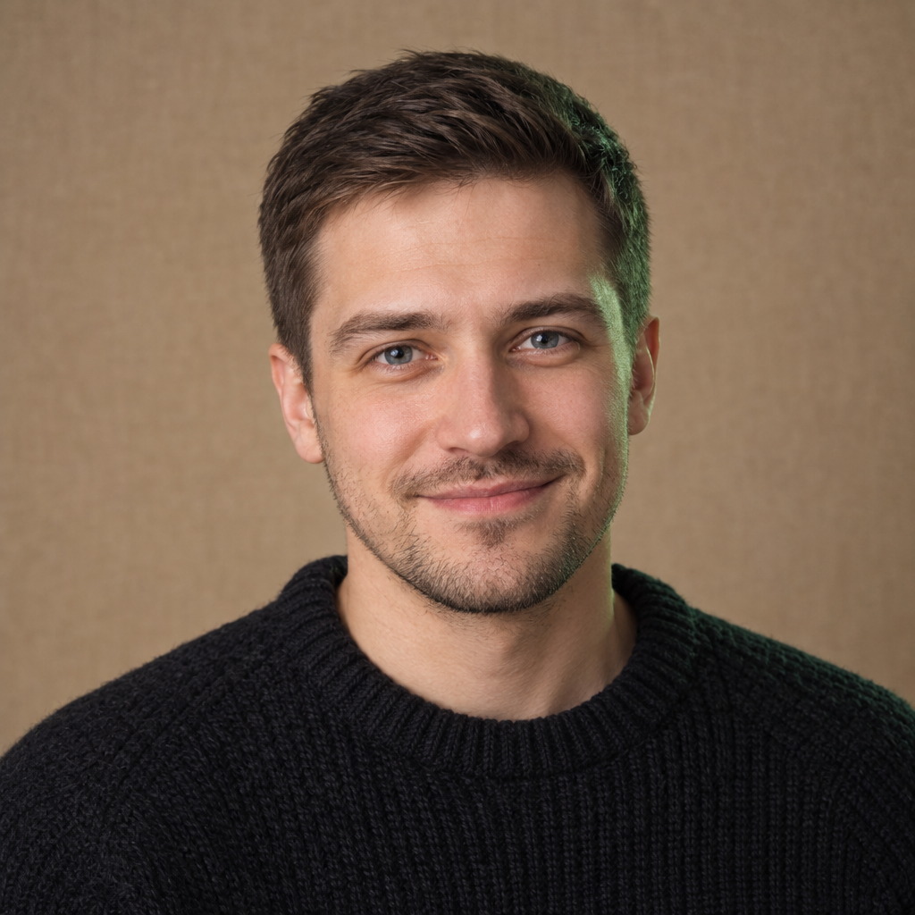Friendly square avatar portrait for a website chat consultant: a young Russian man about 30, short neat hair, dark knit sweater, warm confident smile, looking at camera, soft studio light, plain warm linen background with a faint green rim light. Realistic photo, head and shoulders, centered. No text, no logos.

Для кого: Владимир Дорецкий; 32 года; В кино и сериалах сейчас не хочется мрачных детективов и криминальных сюжетов; «Во все тяжкие» показался нормальным, но Владимир не досмотрел, потому что надоело.; Сериал «Уэнсдей» понравился; нравятся подростковая мистика, саркастичный юмор и истории в похожем стиле.; Сериал «1899» смотрел и он понравился; нравятся загадочные мистические истории с необычной атмосферой.