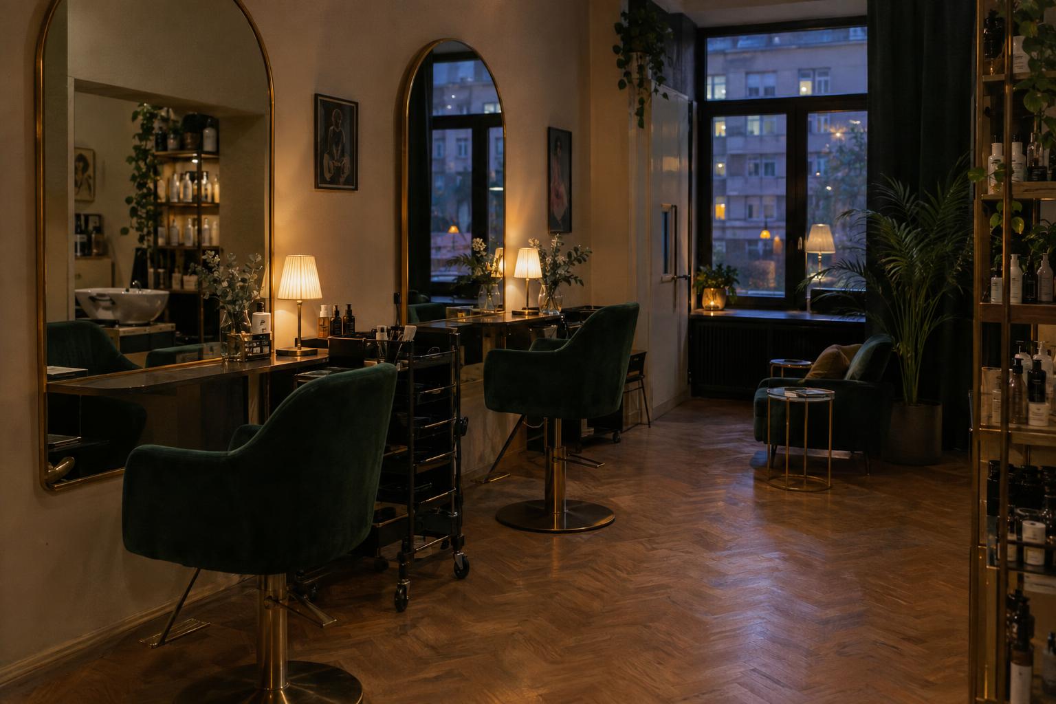 Editorial interior photograph of a small boutique beauty salon with dark green velvet chairs, brass mirrors, warm lamps, evening, empty and inviting, film grain. Documentary photograph, real location in Russia, natural imperfect details, true-to-life colours, soft film grain, no text, no logos, no watermark, no CGI look, no glossy plastic skin, no lens flare, no neon, no holograms.