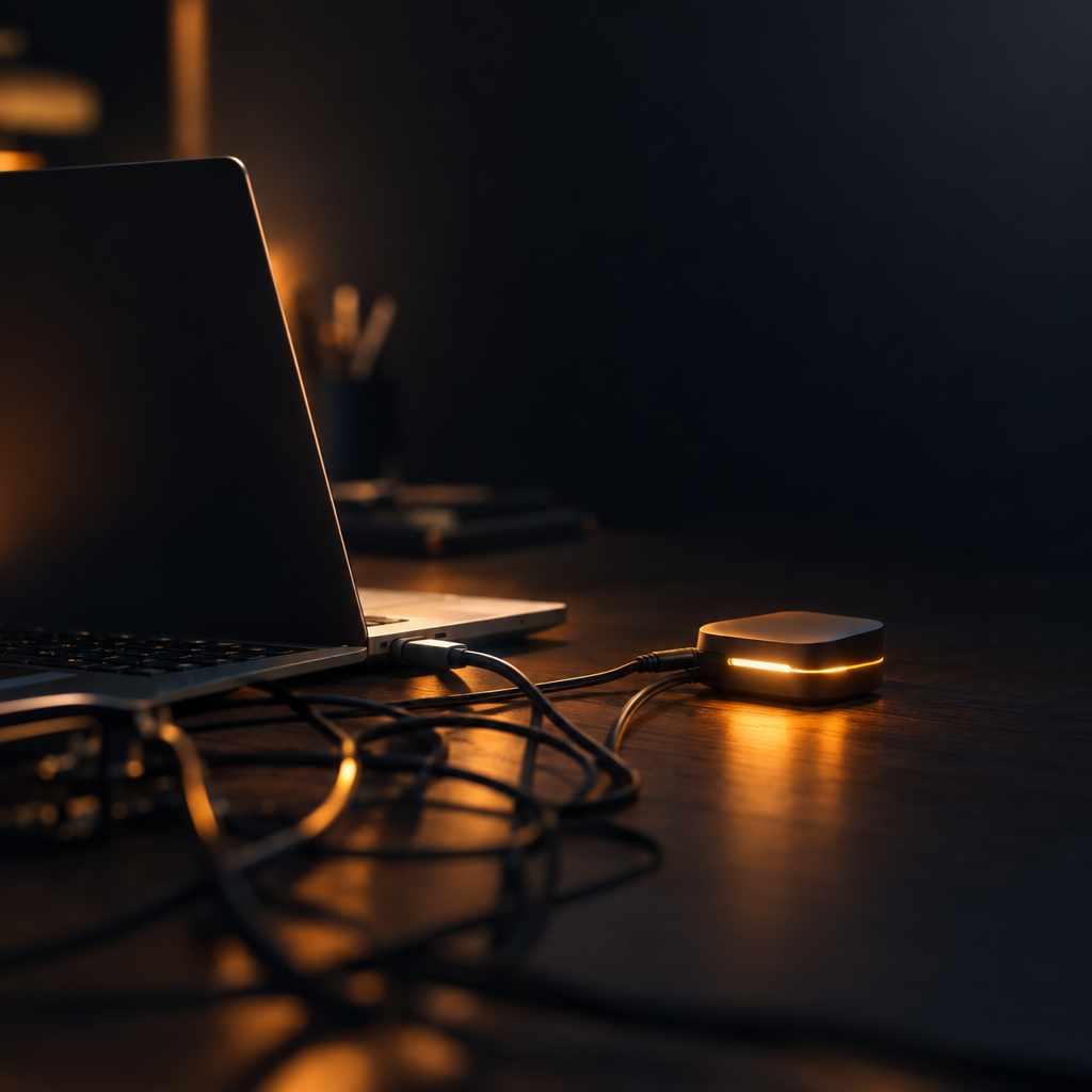 Cinematic photograph of a desk where a laptop connects to a small glowing device, tangled cables catching warm light, dark studio background, shallow depth of field, wide empty space on the right, no text, no letters, no words, no logos, no watermark

Сейчас ты работаешь для: Я. Отвечай именно для этого человека. Про других членов семьи упоминай, только если задача прямо их касается.