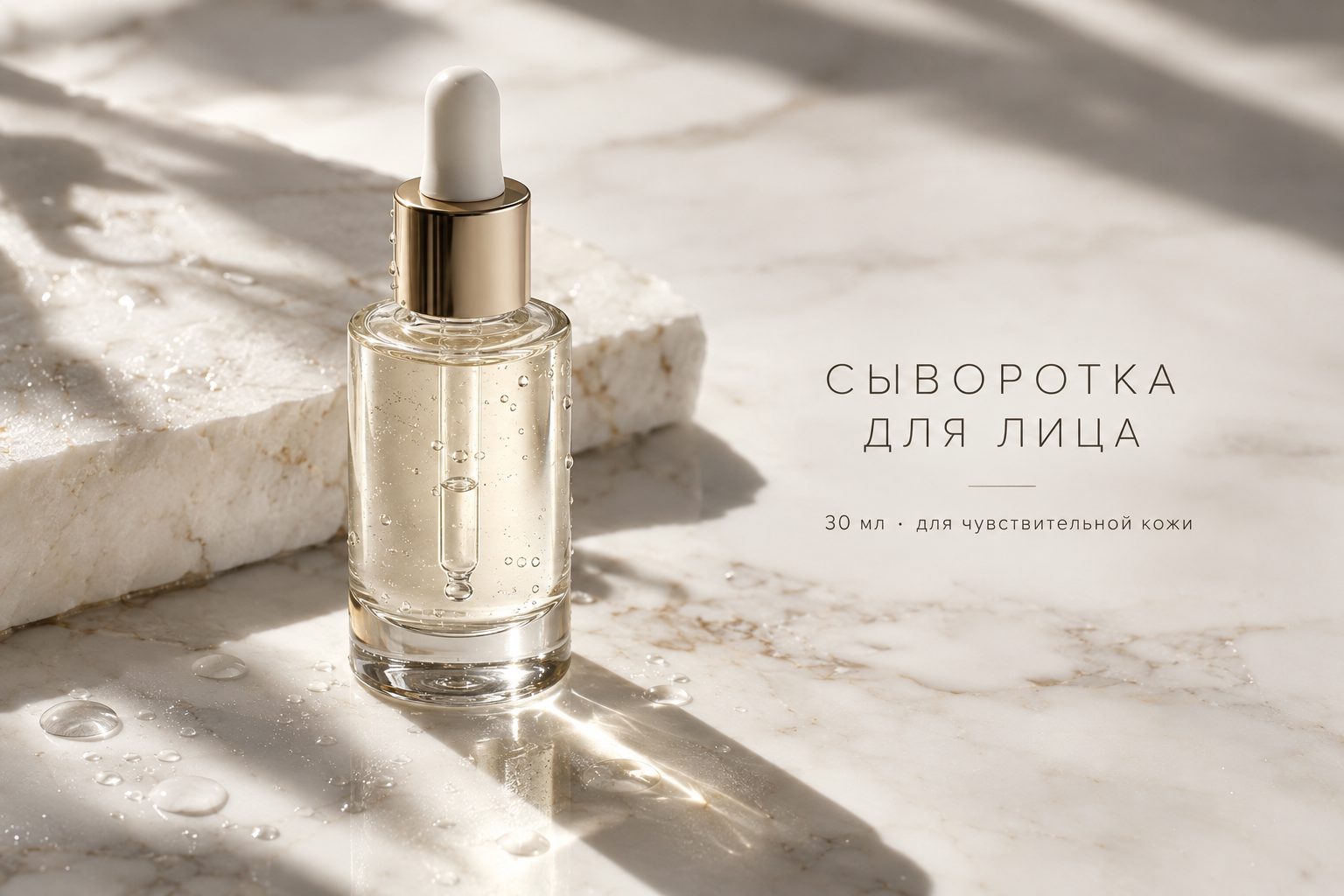 Премиальная товарная съёмка: стеклянный флакон сыворотки на белом мраморе, мягкий направленный свет, длинные аккуратные тени, капли воды. Справа тонкая надпись «СЫВОРОТКА ДЛЯ ЛИЦА», ниже мелко «30 мл · для чувствительной кожи». Минимализм, две краски. Без логотипов и других надписей.

Сейчас ты работаешь для: Я. Отвечай именно для этого человека. Про других членов семьи упоминай, только если задача прямо их касается.