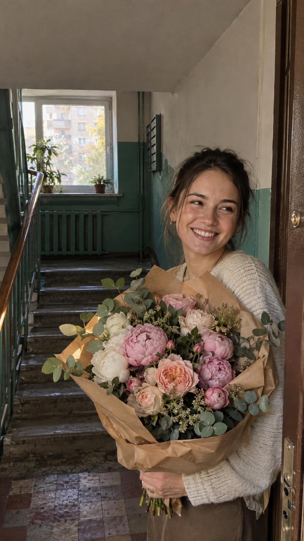 Vertical candid photograph: a smiling young woman in her apartment doorway holding a large loose bouquet of peonies, eucalyptus and garden roses in kraft paper, warm late-afternoon light, genuine emotion, real stairwell details, space at the top for a headline. Documentary photograph, real location in Russia, natural imperfect details, true-to-life colours, soft film grain, no text, no logos, no watermark, no CGI look, no glossy plastic skin, no lens flare, no neon, no holograms.