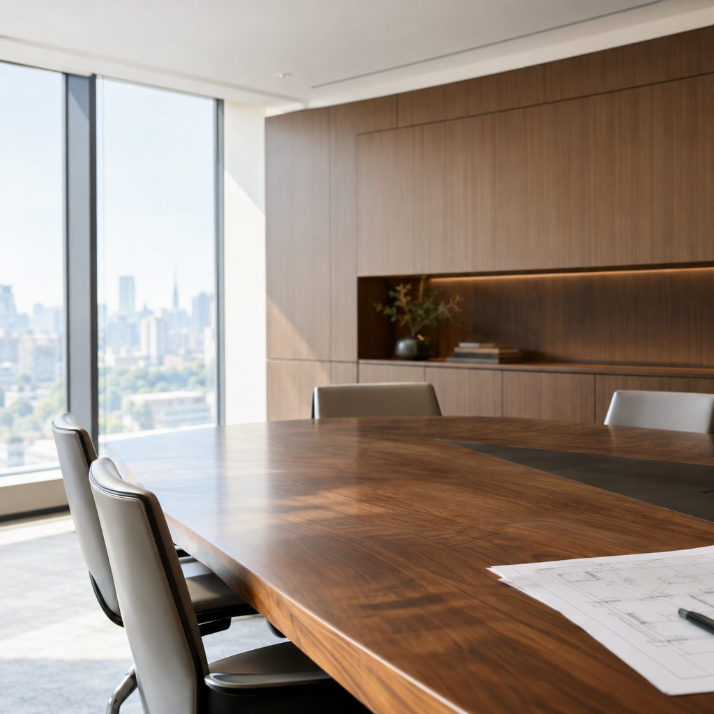 Realistic editorial photograph of a bespoke veneered meeting table and integrated cabinetry in a bright corporate boardroom, technical drawing sheet lying on the table edge, soft natural window light, generous empty space above, shallow depth of field, no text, no letters, no words, no logos, no watermark

Сейчас ты работаешь для: Я. Отвечай именно для этого человека. Про других членов семьи упоминай, только если задача прямо их касается.