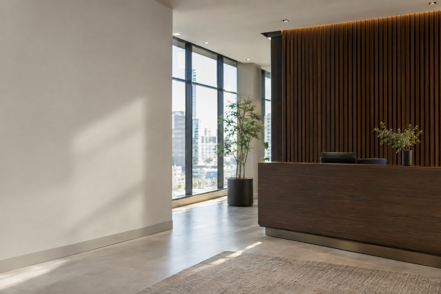 Realistic editorial photograph of a modern commercial office interior with custom dark wood reception desk and slatted wall panels, wide empty wall space on the left, natural daylight from tall windows, shallow depth of field, no text, no letters, no words, no logos, no watermark

Сейчас ты работаешь для: Я. Отвечай именно для этого человека. Про других членов семьи упоминай, только если задача прямо их касается.