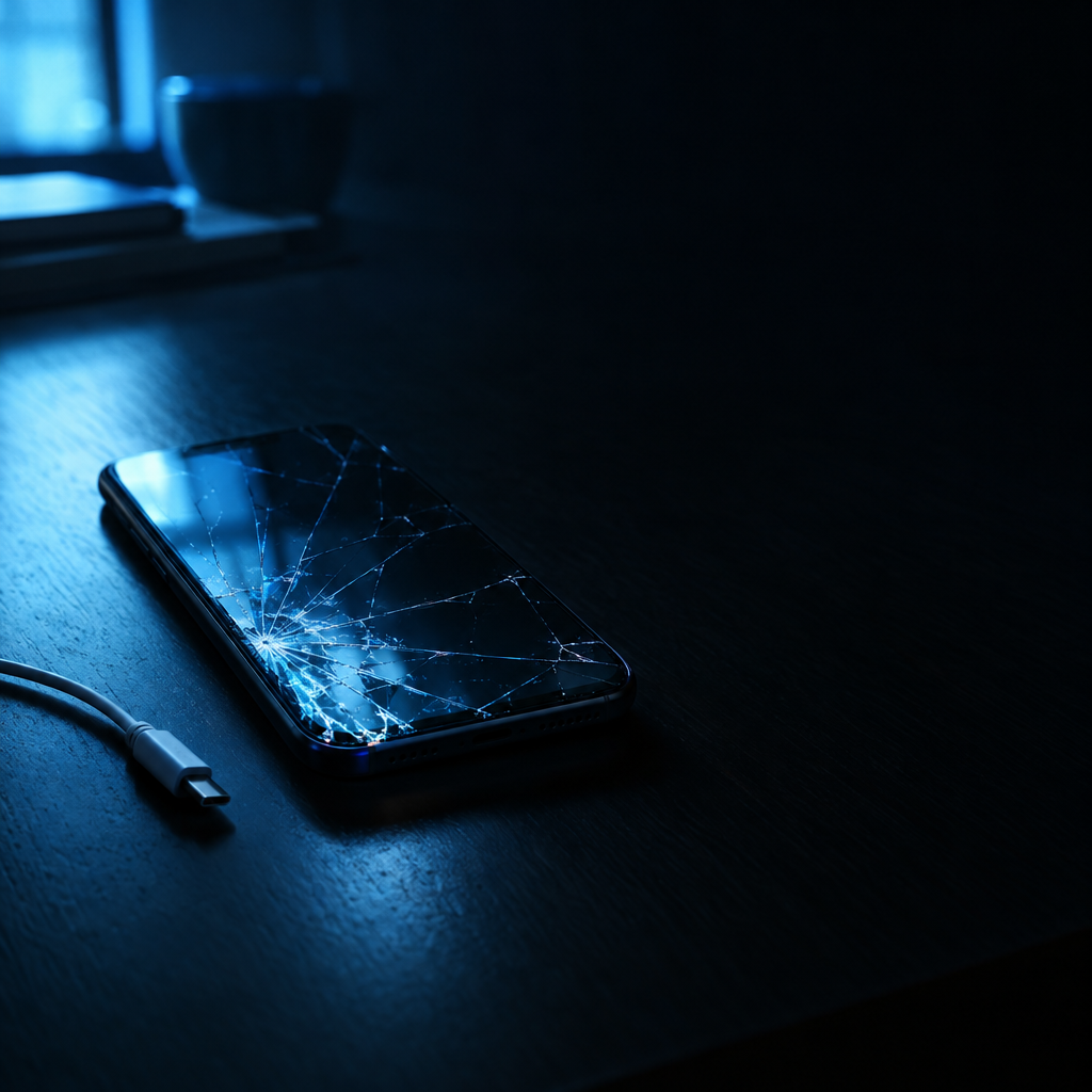 Cinematic photograph of a cracked smartphone screen glowing on a dark desk beside an unplugged cable, cold blue side light, shallow depth of field, moody empty space on the right, no text, no letters, no words, no logos, no watermark

Сейчас ты работаешь для: Я. Отвечай именно для этого человека. Про других членов семьи упоминай, только если задача прямо их касается.