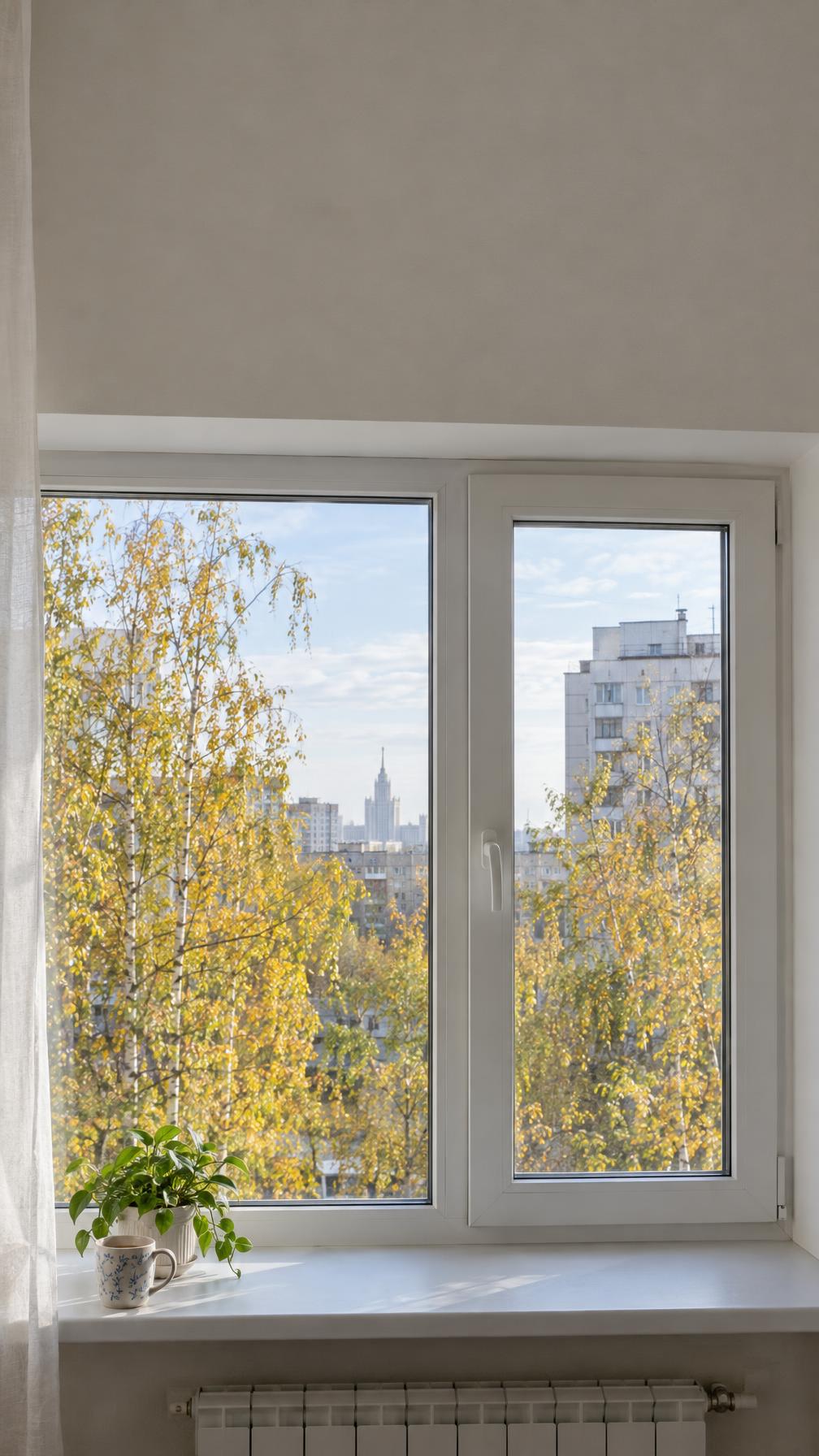 Vertical real-estate photograph of a new white PVC tilt-and-turn window in a bright Moscow apartment, yellow birches outside in early autumn, soft morning daylight, windowsill with a ceramic mug and a small plant. The window fills the lower two thirds; the top third is a calm light wall — empty space for a headline. 24mm, airy, true colours. Documentary photograph, real location in Russia, natural imperfect details, true-to-life colours, soft film grain, no text, no logos, no watermark, no CGI look, no glossy plastic skin, no lens flare, no neon, no holograms.