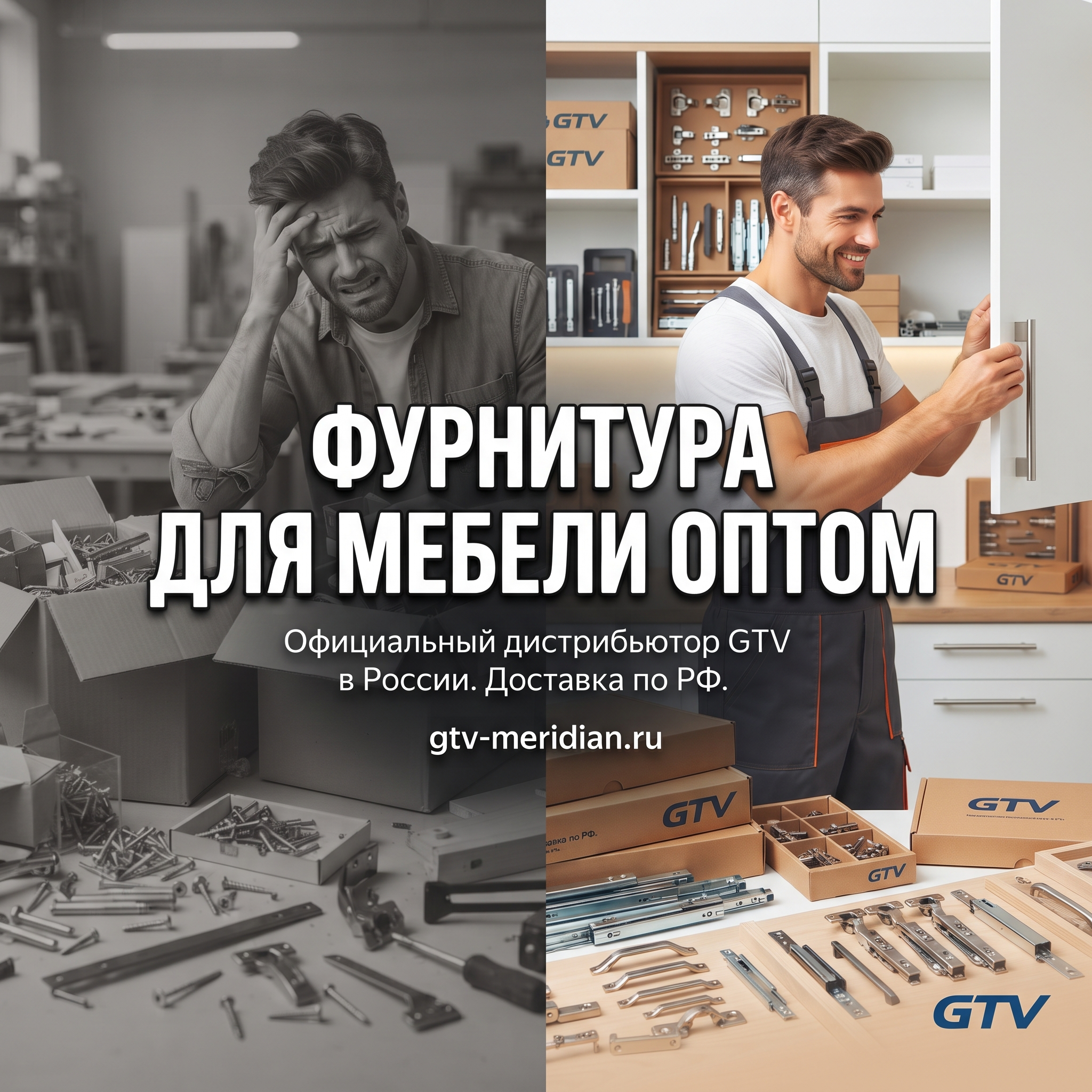 High-conversion Yandex Direct RSY advertising banner. Business: https://gtv-meridian.ru/. Theme: Официальный дистрибьютор мебельной фурнитуры GTV в России, компания работает с 2004 года, более 5000 наименований отечественных и импортных товаров, продажа оптом и в розницу, доставка по Санкт-Петербургу и другим городам России. Problem-solution split composition: left side shows pain point in muted desaturated colors, right side shows vibrant solution with the product, clear contrast storytelling. ТЕКСТ НА БАННЕРЕ (СТРОГО НА РУССКОМ): "Фурнитура для мебели оптом". CRITICAL / КРИТИЧНО: 1) ALL text MUST be in RUSSIAN only. NEVER English! Весь текст ТОЛЬКО по-русски! 2) Text MUST be CENTERED, large, easily readable, NO MORE than 35% of image. 3) High contrast background. Modern bold font, perfect Russian spelling. CTR-optimized, 1:1 square, professional advertising quality. Style: clean, bold, premium, Yandex-Ads-ready.

Сейчас ты работаешь для: Я. Отвечай именно для этого человека. Про других членов семьи упоминай, только если задача прямо их касается.