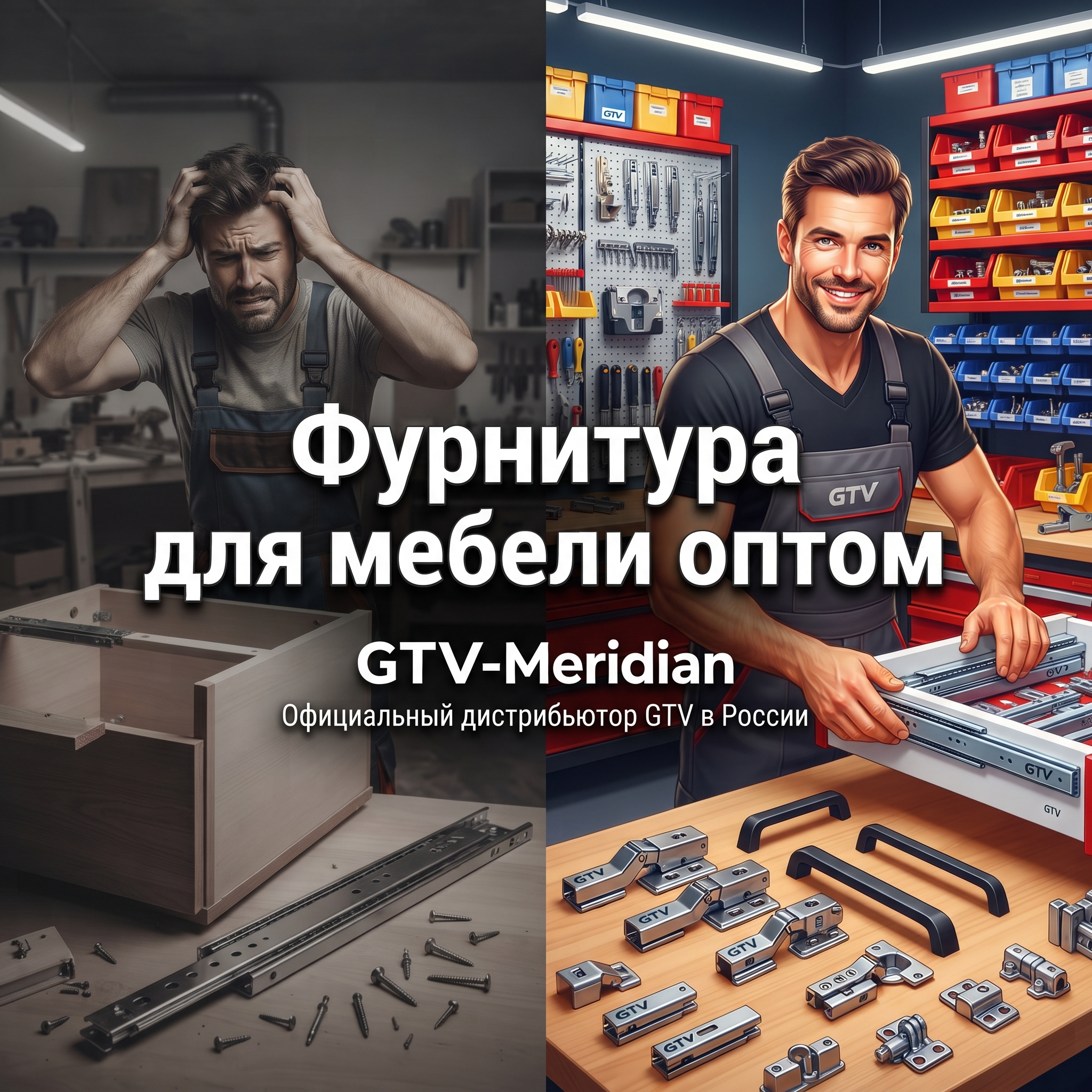 High-conversion Yandex Direct RSY advertising banner. Business: https://gtv-meridian.ru/. Theme: Официальный дистрибьютор мебельной фурнитуры GTV в России, компания работает с 2004 года, более 5000 наименований отечественных и импортных товаров, продажа оптом и в розницу, доставка по Санкт-Петербургу и другим городам России. Problem-solution split composition: left side shows pain point in muted desaturated colors, right side shows vibrant solution with the product, clear contrast storytelling. ТЕКСТ НА БАННЕРЕ (СТРОГО НА РУССКОМ): "Фурнитура для мебели оптом". CRITICAL / КРИТИЧНО: 1) ALL text MUST be in RUSSIAN only. NEVER English! Весь текст ТОЛЬКО по-русски! 2) Text MUST be CENTERED, large, easily readable, NO MORE than 35% of image. 3) High contrast background. Modern bold font, perfect Russian spelling. CTR-optimized, 1:1 square, professional advertising quality. Style: clean, bold, premium, Yandex-Ads-ready.

Сейчас ты работаешь для: Я. Отвечай именно для этого человека. Про других членов семьи упоминай, только если задача прямо их касается.
