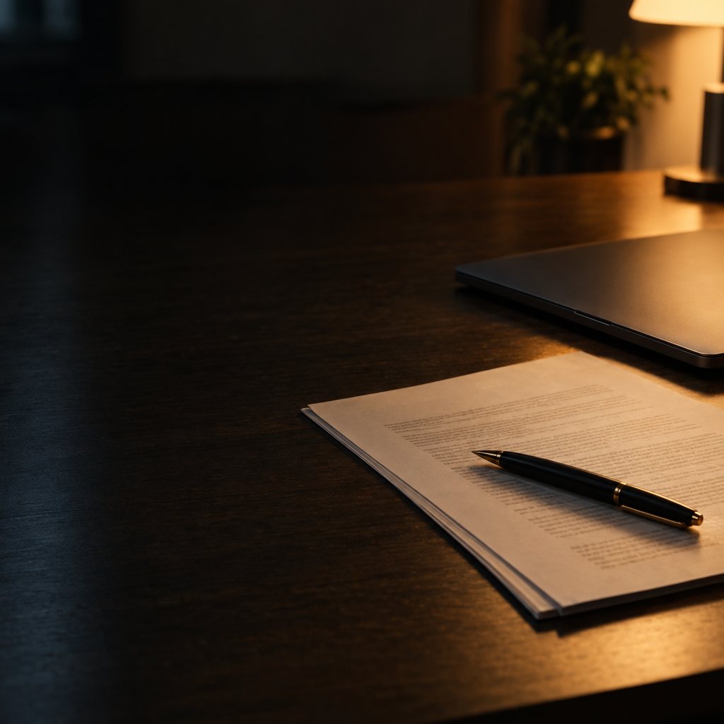 Cinematic photograph of a printed document and a pen on a dark wooden desk beside a closed laptop, warm lamp light from the side, deep shadows, shallow depth of field, generous empty space on the left, no text, no letters, no words, no logos, no watermark

Сейчас ты работаешь для: Я. Отвечай именно для этого человека. Про других членов семьи упоминай, только если задача прямо их касается.