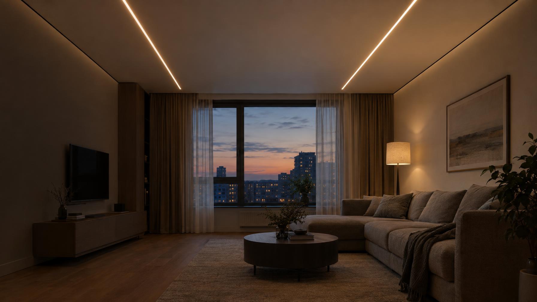Architectural interior photograph of a minimalist living room in the evening: seamless matte white stretch ceiling with two thin recessed linear light strips and a shadow gap along the walls, warm 3000K light, sofa in warm grey, large window with dusk outside. Wide 20mm, symmetrical ceiling lines leading the eye, lower-left area calm and darker — space for a headline. Documentary photograph, real location in Russia, natural imperfect details, true-to-life colours, soft film grain, no text, no logos, no watermark, no CGI look, no glossy plastic skin, no lens flare, no neon, no holograms.