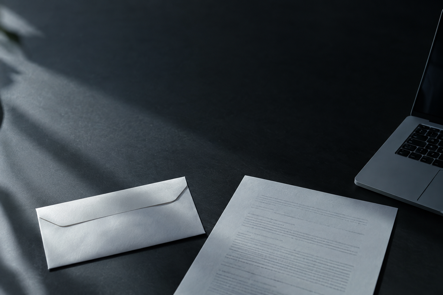 Realistic editorial photograph of an official envelope and a printed document lying on a dark desk beside a laptop, cold daylight from the side, dramatic shadows, large empty area at the top, shallow depth of field, no text, no letters, no words, no logos, no watermark

Сейчас ты работаешь для: Я. Отвечай именно для этого человека. Про других членов семьи упоминай, только если задача прямо их касается.