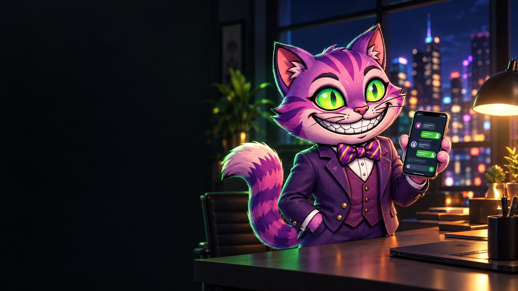 Keep the purple cartoon cat character from the reference exactly (same face, green spiral eyes, wide grin, purple tuxedo with bow tie). Place him standing at a modern desk in a dark graphite studio at night, holding a smartphone showing a chat interface, soft green rim light and warm desk lamp, a large dark window with city lights blurred behind. Character on the right third; the left half is deep dark space for a headline. Premium 3D animation film still, soft cinematic lighting, no text. No text, no logos, no watermark.