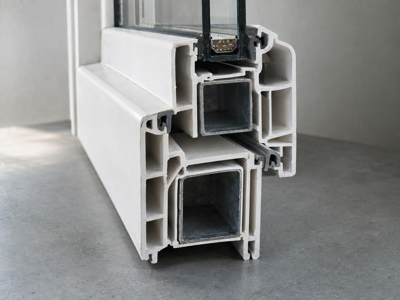 Studio product macro photograph of a cut cross-section of a white five-chamber PVC window profile with steel reinforcement and grey rubber seals, placed on a matte light-grey surface, soft directional light from the left, crisp detail, engineering catalogue look. Documentary photograph, real location in Russia, natural imperfect details, true-to-life colours, soft film grain, no text, no logos, no watermark, no CGI look, no glossy plastic skin, no lens flare, no neon, no holograms.