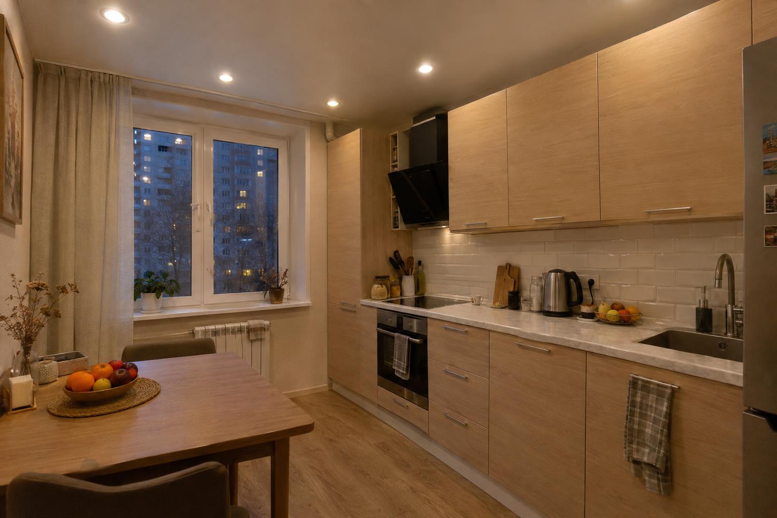 Interior photograph of a modern Russian kitchen with a satin white stretch ceiling and built-in round spotlights, light wood fronts, evening, warm light, real lived-in details: fruit bowl, kettle. Documentary photograph, real location in Russia, natural imperfect details, true-to-life colours, soft film grain, no text, no logos, no watermark, no CGI look, no glossy plastic skin, no lens flare, no neon, no holograms.