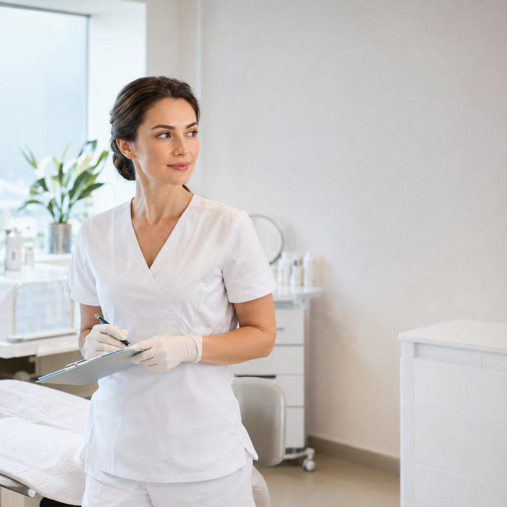 Realistic editorial photograph of a cosmetology nurse in a clean modern clinic room preparing for a consultation, soft daylight, shallow depth of field, large uncluttered space on the right, no text, no letters, no words, no logos, no watermark

Сейчас ты работаешь для: Я. Отвечай именно для этого человека. Про других членов семьи упоминай, только если задача прямо их касается.